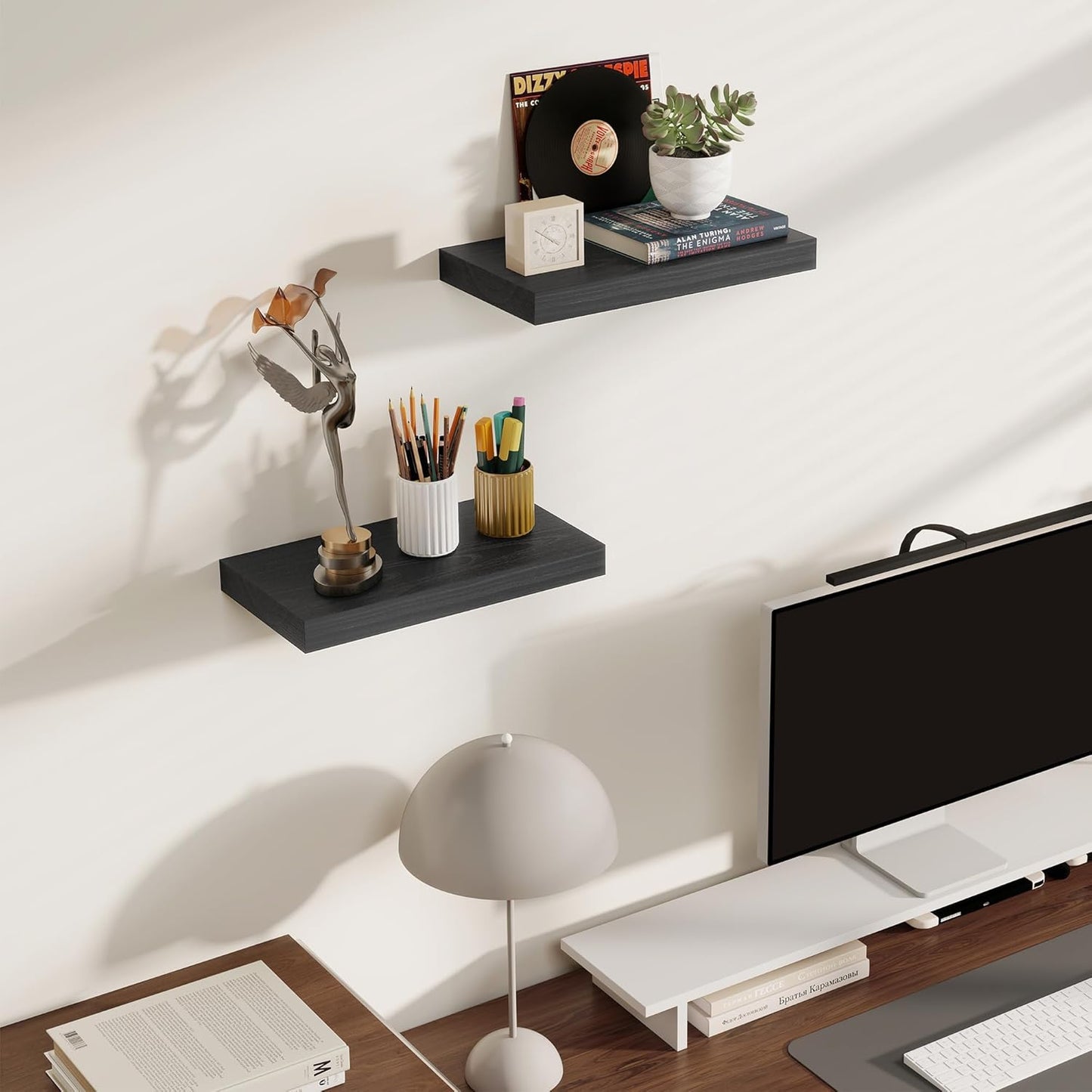 Floating Shelves for Wall, Real Wood Floating Shelf Set of 2, 8 Inch Deep Floating Shelves, Rustic Wood Wall Shelf for Home Decor, Deep Storage Shelves for Bathroom, Kitchen, 16"W x 8"D, Black Color