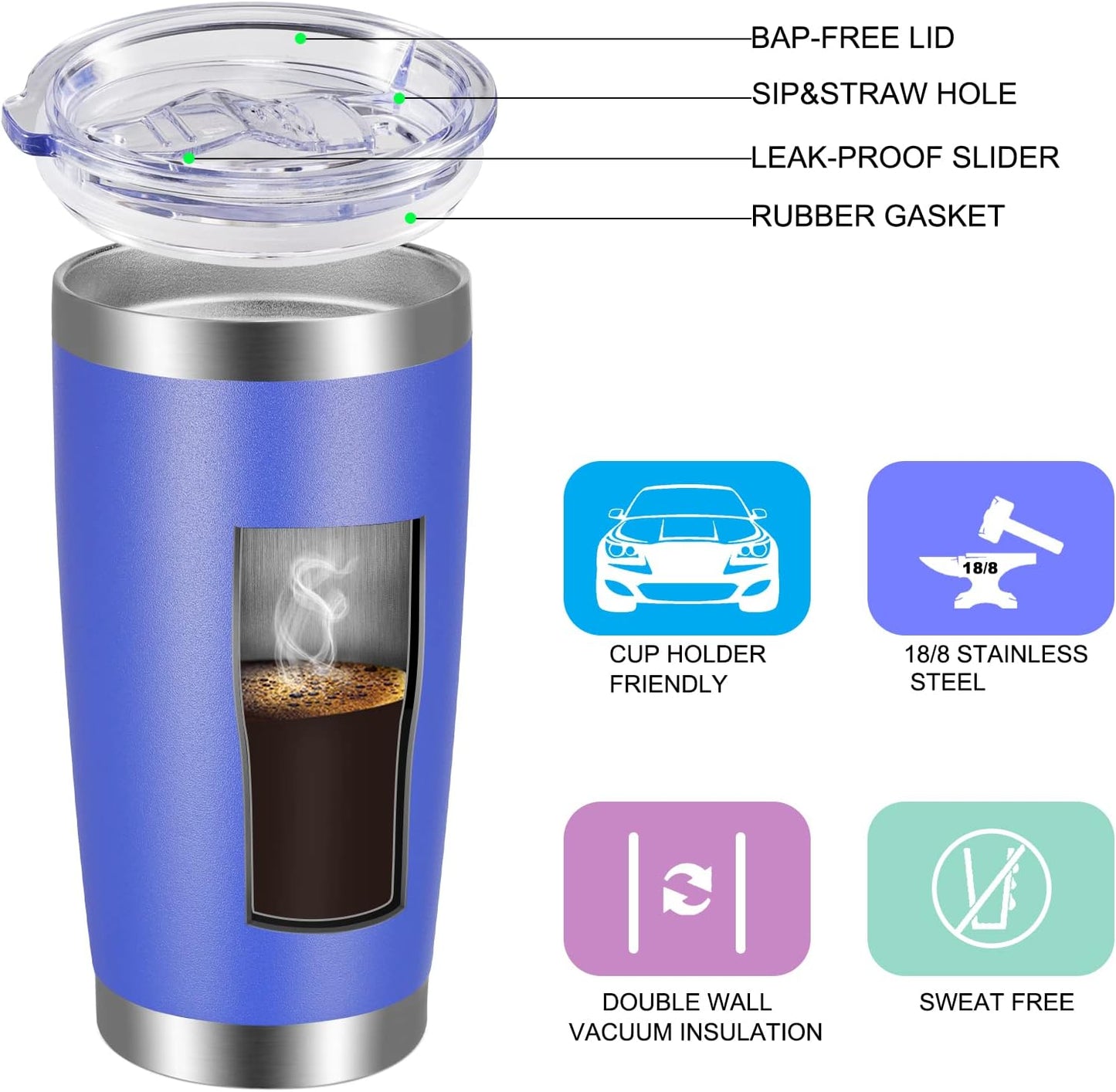 VEGOND 20oz Tumbler with Lid and Straw Stainless Steel Tumbler Cup Bulk Vacuum Insulated Double Wall Travel Coffee Mug Powder Coated Coffee Cup (Bluish Violet 12 Pack)