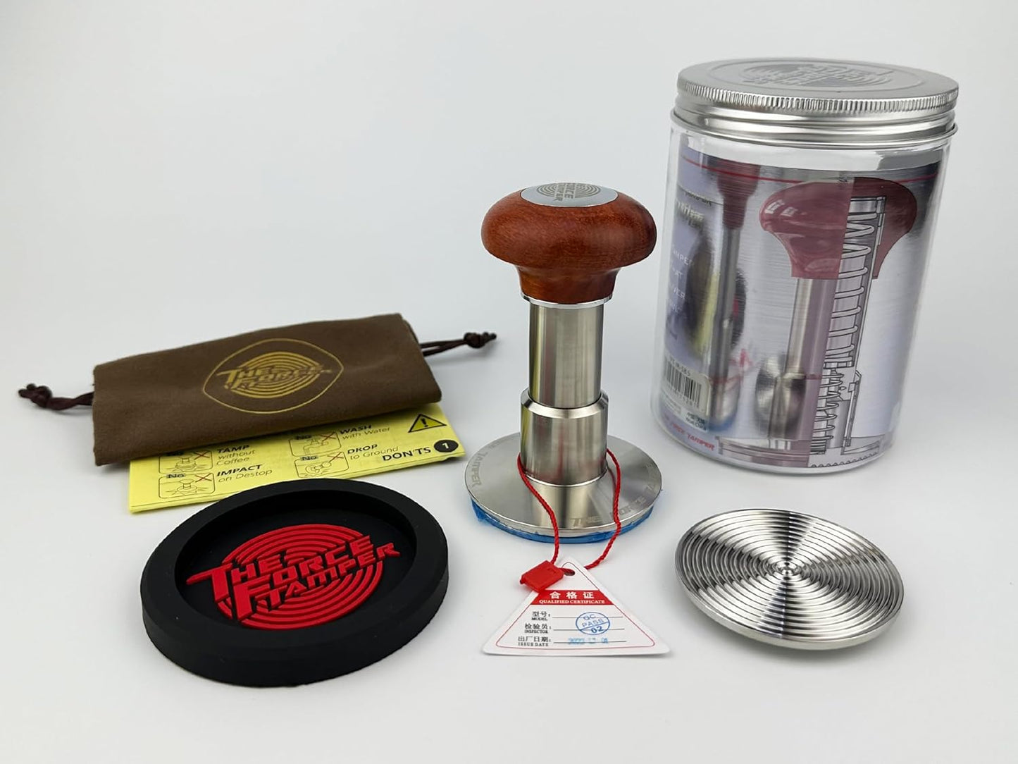 The Force Tamper Automatic Impact Adjustable Constant Pressure and Autoleveling Coffee Tamper Reddish Brown Jellyfish Wooden Handle Set Pro (Extend Set, 58.35mm)
