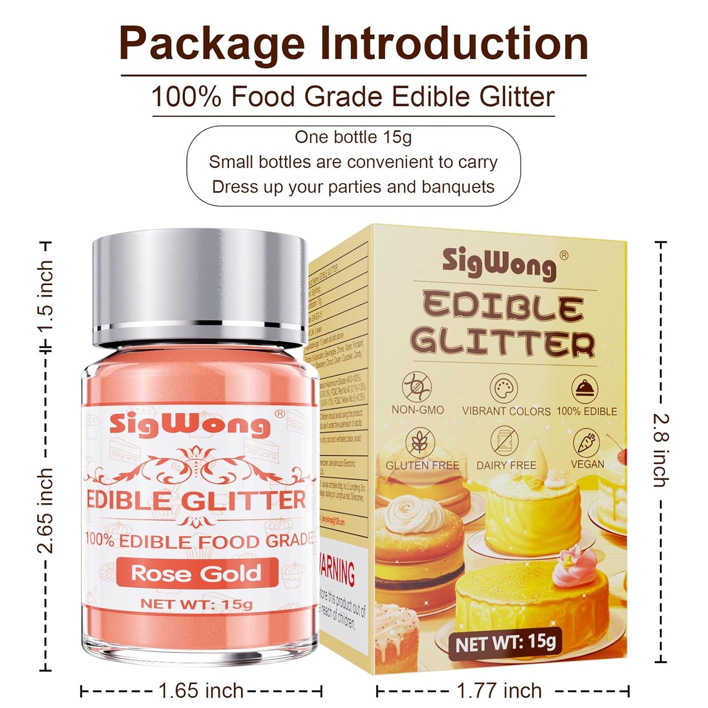 Rose Gold Edible Glitter - 15g Food Grade Luster Dust Powder, Cake Decorating Sprinkle Glimmery Dust for Drinks, Wine, Fondant, Chocolate, Candy, Cookie, Vegan