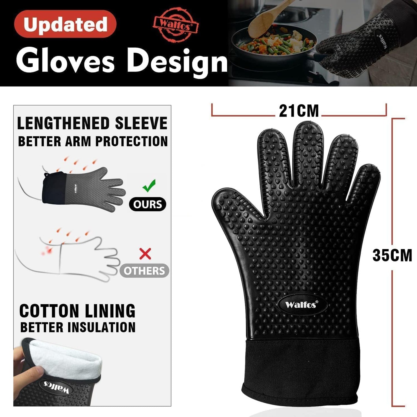 Walfos Silicone BBQ Gloves - Heat Resistant Grilling Gloves, Premium Non-Slip Kitchen Silicone Oven Mitt With Protective Cotton Layer Inside, Waterproof, Great for Grilling, Kitchen and Cooking, Black