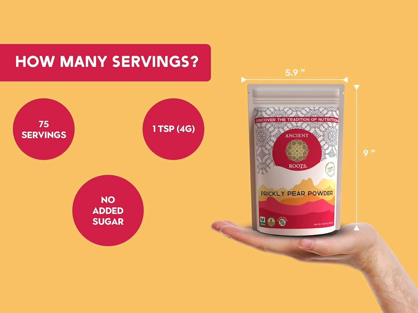 Ancient Roots Prickly Pear Powder - Freeze-Dried, All-natural, No Sugar Added, Cocktail Mix, Smoothie and Tea Mix, Resealable Pouch - 10.5 ounces (75 servings)