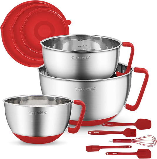 Rorence Stainless Steel Mixing Bowls: Metal Mixing Bowl Set with Lids and Handles Non-slip Silicone Bottom Nesting Bowls for Kitchen Set of 3 - Red