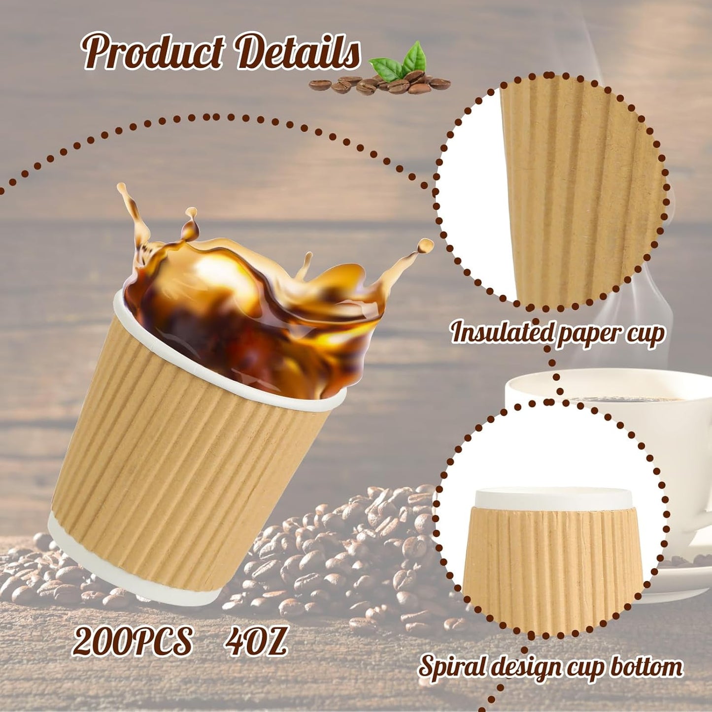 200 Pcs 4oz Paper Espresso Cups Ripple Wall Hot Cups For Coffee Disposable Coffee Cup Paper Hot/Cold Drinking Cups for Party, Picnic, Travel and Events