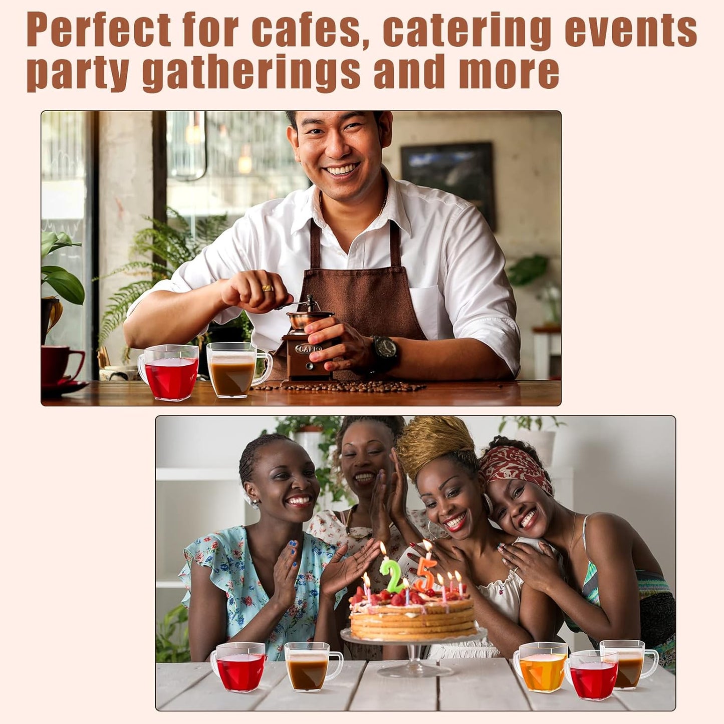 Amyhill 100 Pcs Disposable Tea Cups Mini Plastic Tea Cup Bulk with Handle Hard Plastic Coffee Mug Disposable Square Espresso Mug for Party Catering (Transparent)