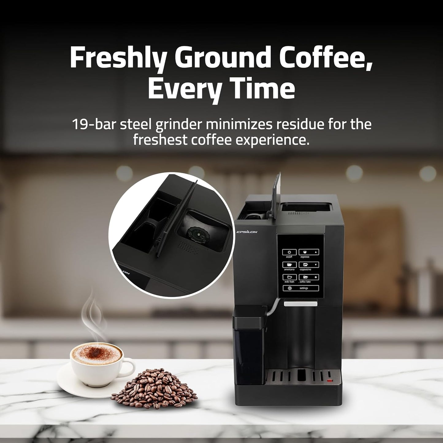 Epsilon Fully Automatic Coffee Machine with Grinder, Coffee & Espresso Maker Combo, Built-In Milk Frother, One Touch Self Cleaning, Super Automatic Custom Brewing Coffee Machine