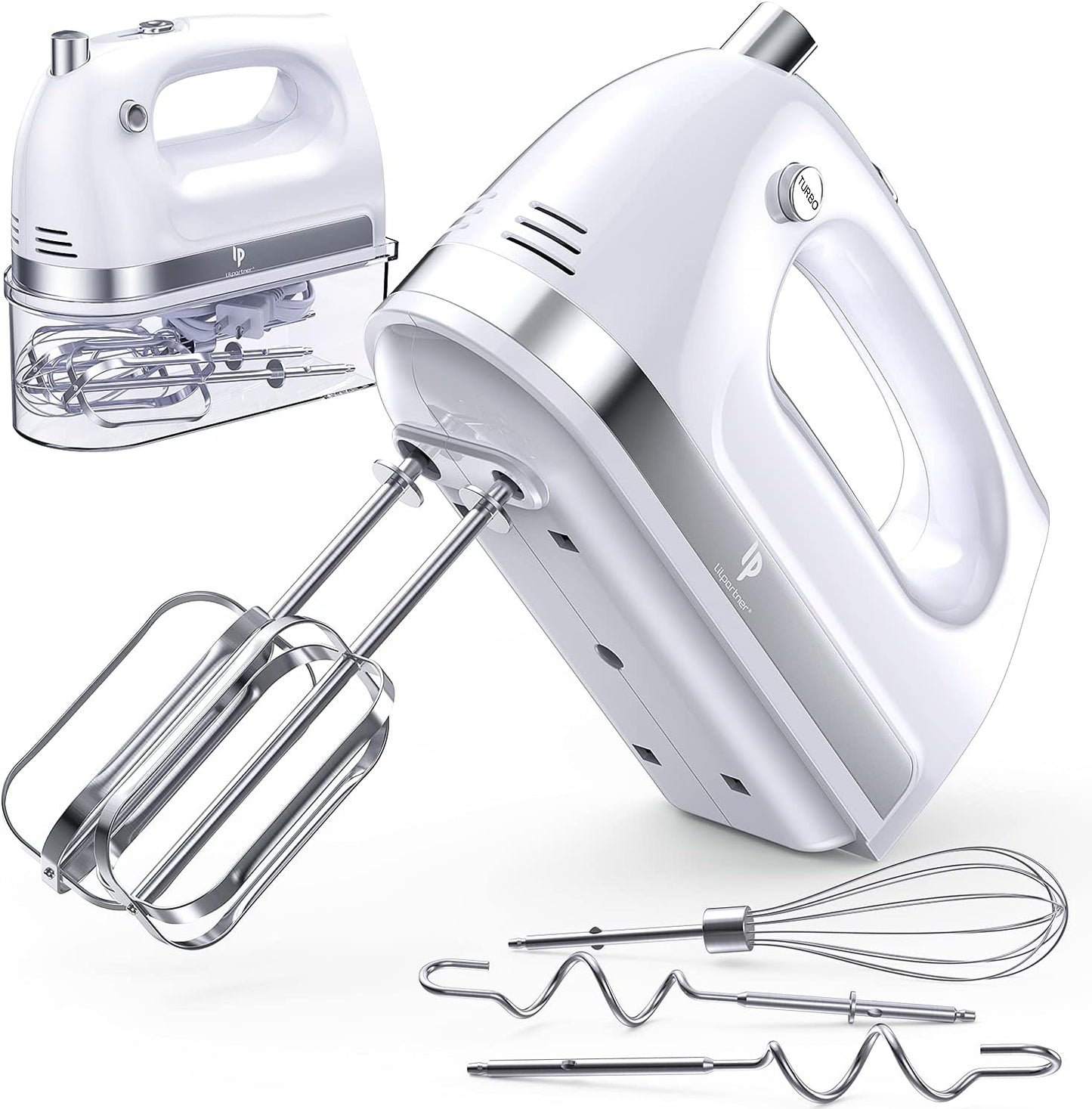 Hand Mixer Electric, 400W Food Mixer 5 Speeds Handheld Blender, 5 Stainless Steel Accessories, Storage Box, Kitchen Blender with Cord for Cream, Cookies, Dishwasher Safe, White