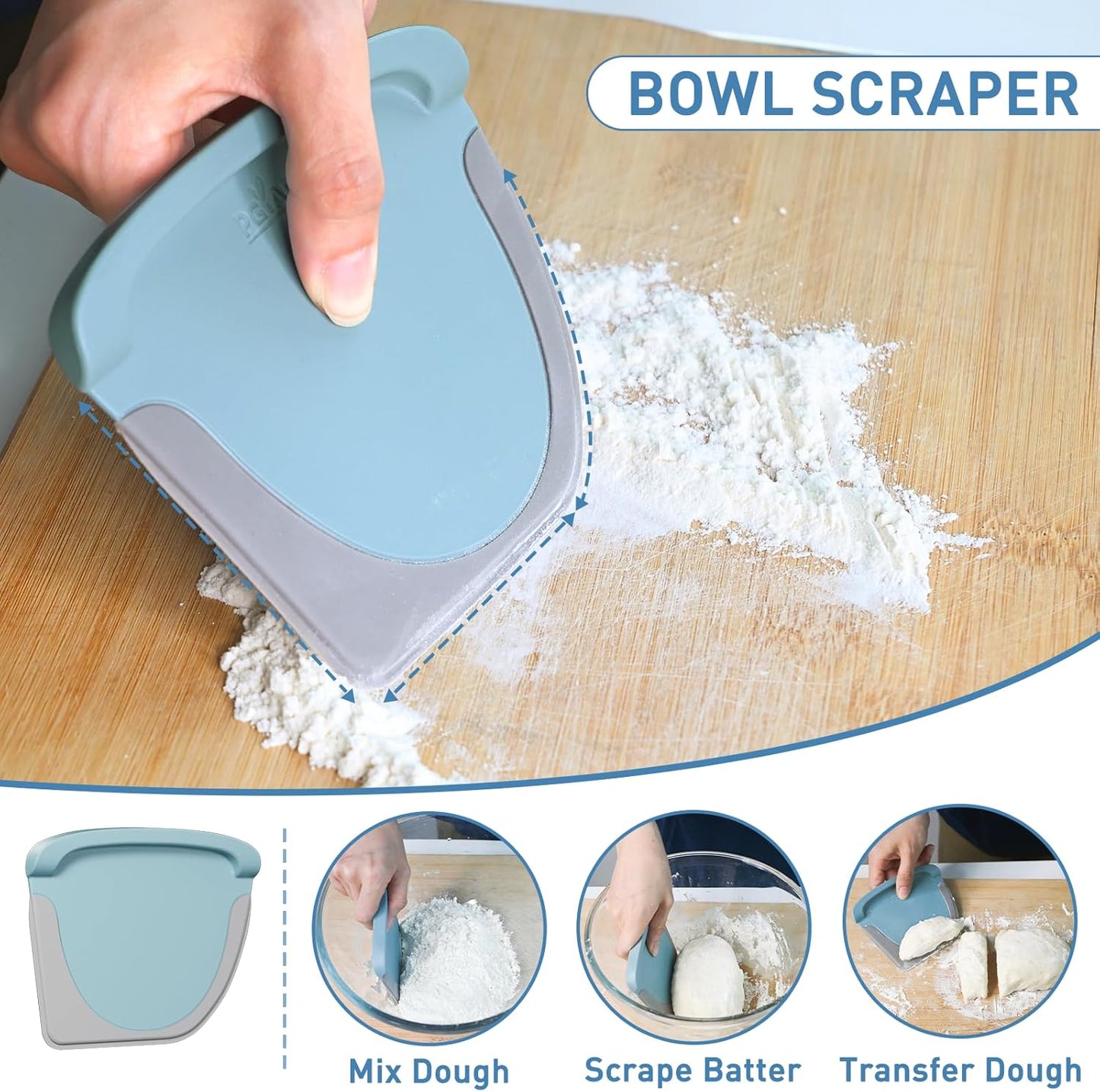 2 IN 1 Upgrade Bench Scraper, Dough Scraper for Pastry Bread Cake Pizza, Stainless Steel Dough Cutter with Conversion Chart & Measuring Scale, Bowl Scraper Food Scraper for Kitchen Baking, Blue