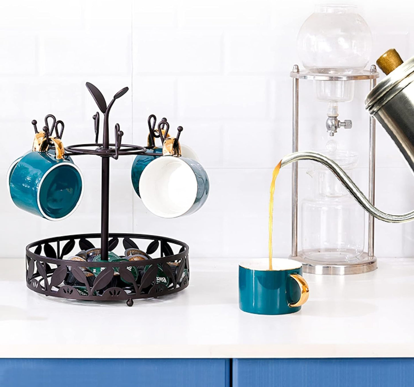 Coffee Mug Holder with Coffee Pod Basket Storage, Rotatable 6-capacity Cup Mug Holder Tree, Coffee Counter Bar Accessory & Kitchen Organizer