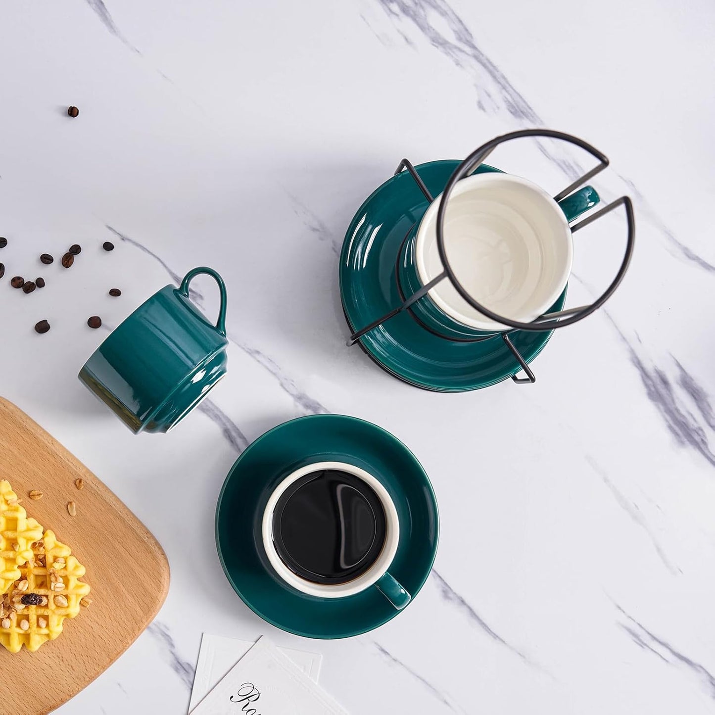 YOLIFE 8oz Porcelain Stackable Cappuccino Cups with Saucers and Metal Stand Set of 4, Coffee cups for Espresso, Specialty Coffee Drinks, Latte, Americano and Tea - Green