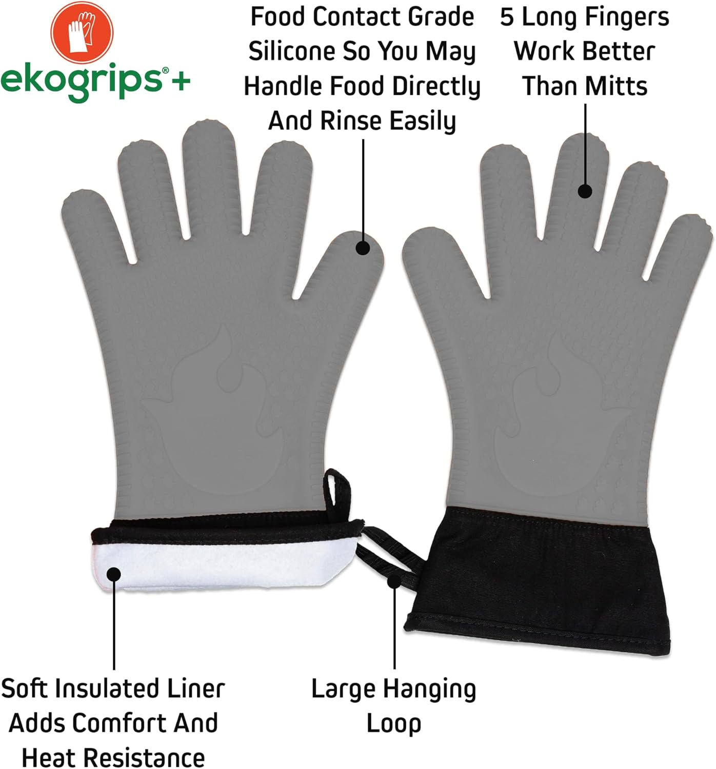 Ekogrips Plus Oven Gloves with Fingers, Comfy Waterproof Silicone Oven Mitts Heat Resistant with Long Cuff, Insulated BBQ Gloves Perfect for Grilling, Baking, Smoker, Canning, and Pizza, Grey, OSFM