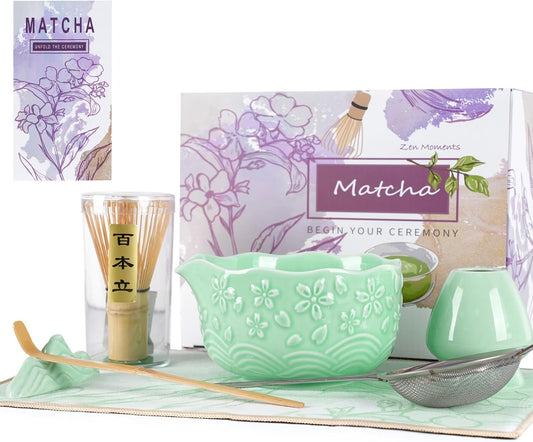 Matcha Whisk Set, Matcha Set 7 Pieces - Ceramic Matcha Bowl with Spout, Bamboo Chasen Whisk & Holder, Scoop, Sifter, Tea Towel - Complete Kit for Matcha Tea Ceremony, Latte, Ideal Gift(Green)