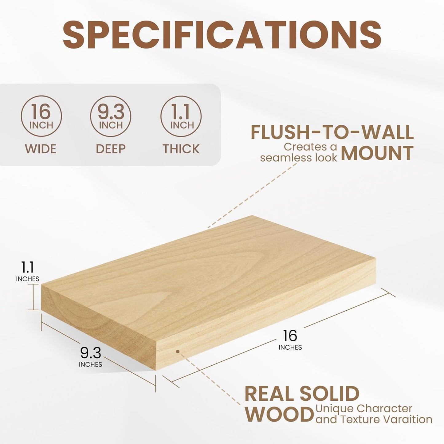 Fun Memories Deep Floating Shelves 16 Inch Long, Natural Wood Floating Shelf for Wall, Set of 2, Rustic 9 Inch Deep Wall Shelves, Deep Bathroom Shelves for Storage & Display, Burlywood