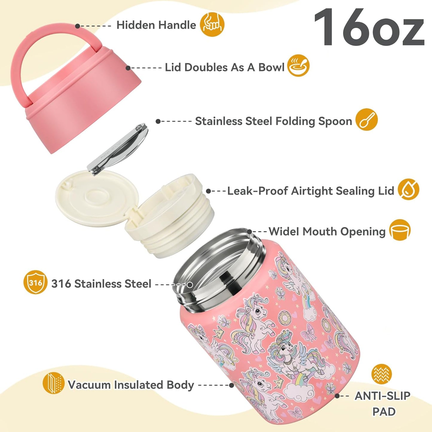 Soup Thermo for Hot Food Kids 16oz Insulated Food Jar Leakproof Thermo Lunch Container for Kids Wide-Mouth Stainless Steel Lunch Box for School with Handle Folding Spoon(3+)