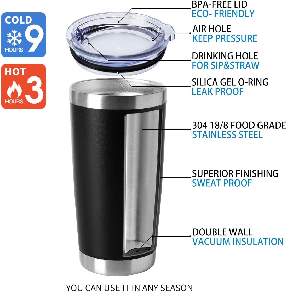 HASLE OUTFITTERS 20oz Stainless Steel Tumblers Bulk, Insulated Travel Cup with Lid, Double Wall Vacuum Coffee Mug for Cold & Hot Drinks 4 Pack, Black