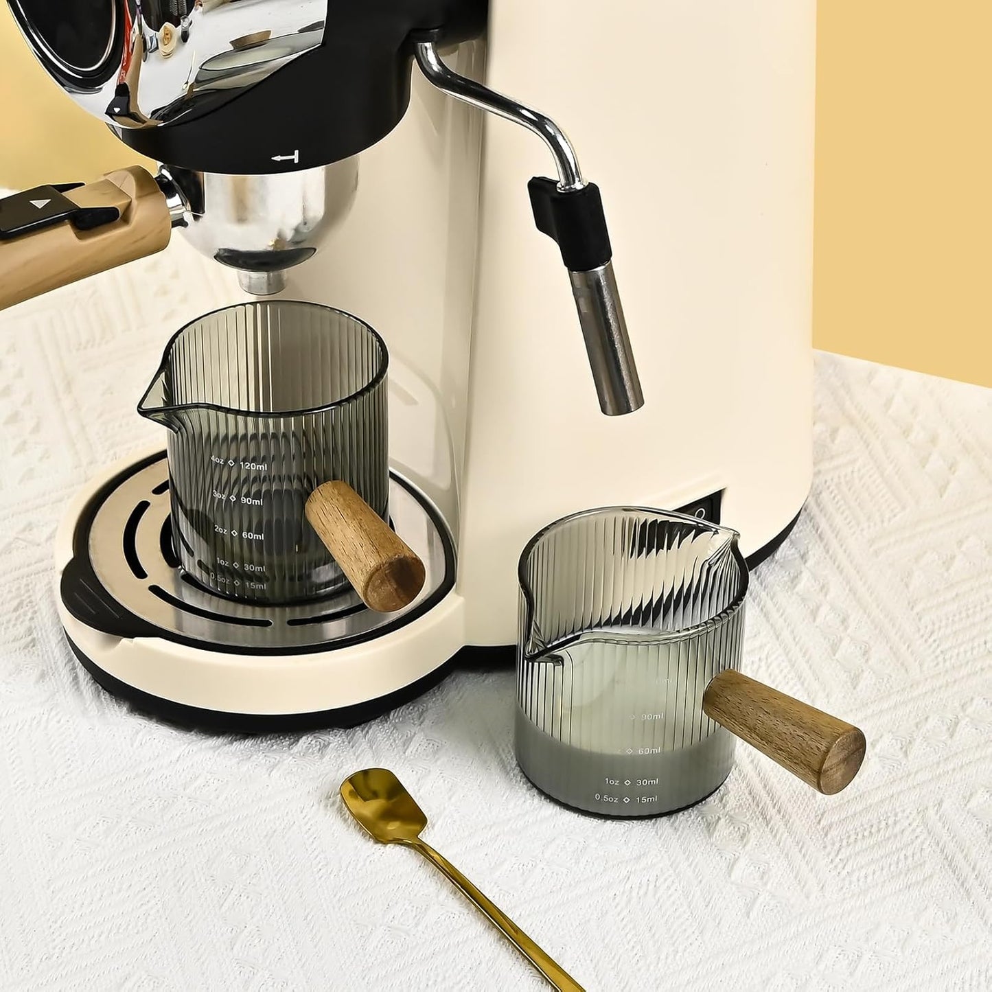 Glass Measuring Cup, 4oz Espresso Shot Glass with Wood Handle, Double Spouts Measuring Triple Pitcher Milk Cup for Coffee Tea (Gray Ribbed）