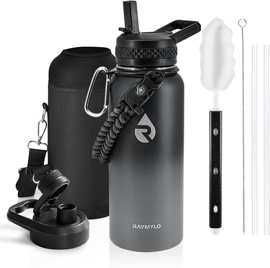 Insulated Water Bottle 32 oz, Triple Wall Vacuum Stainless Steel (Cold for 48 Hrs), Leak Proof & Non-BPA, Modern Water Flask Jug with Paracord Handle & Straw Spout Lids, Dark Grey
