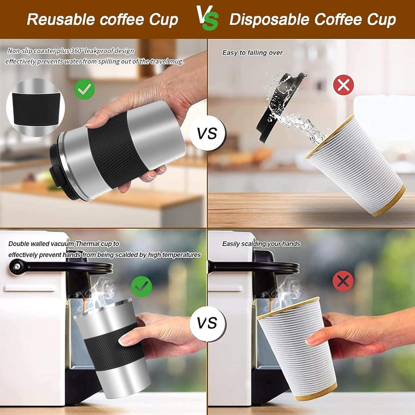 YINBAOGE Insulated Travel Coffee Mug Spill Proof Leak Proof Pobtable To Go Camping Stainless Steel Coffee Tumbler Reusable Coffee Cups with Lids Thermos for Hot and Cold Drink (Silver black, 12 OZ)