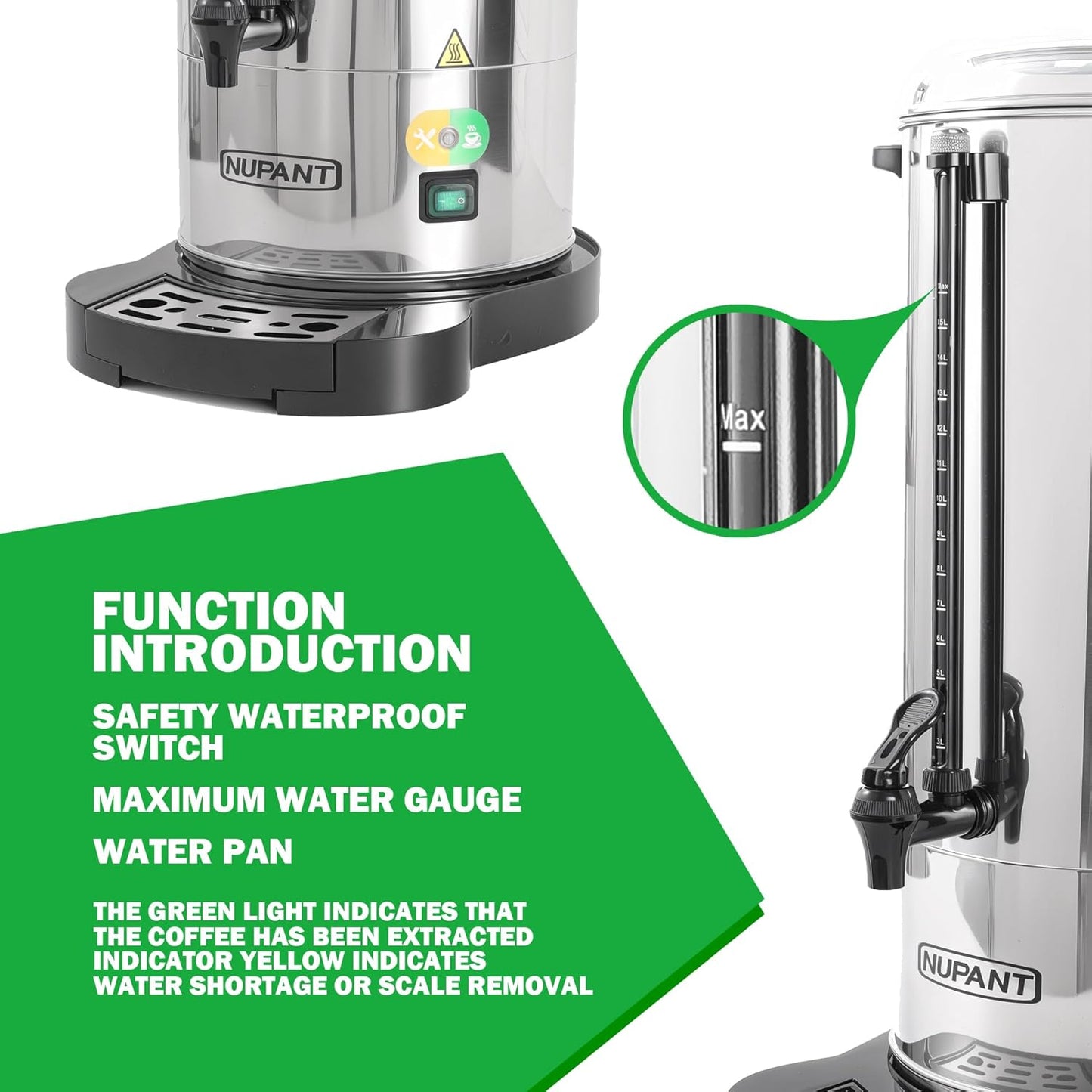 Commercial Coffee Urn 100 Cup/15L Coffee Dispenser with Upgraded Percolator, 304 Stainless Steel Hot Water Urn Beverage Dispenser with Keep Warm Mode, Large Coffee Maker for Catering Party