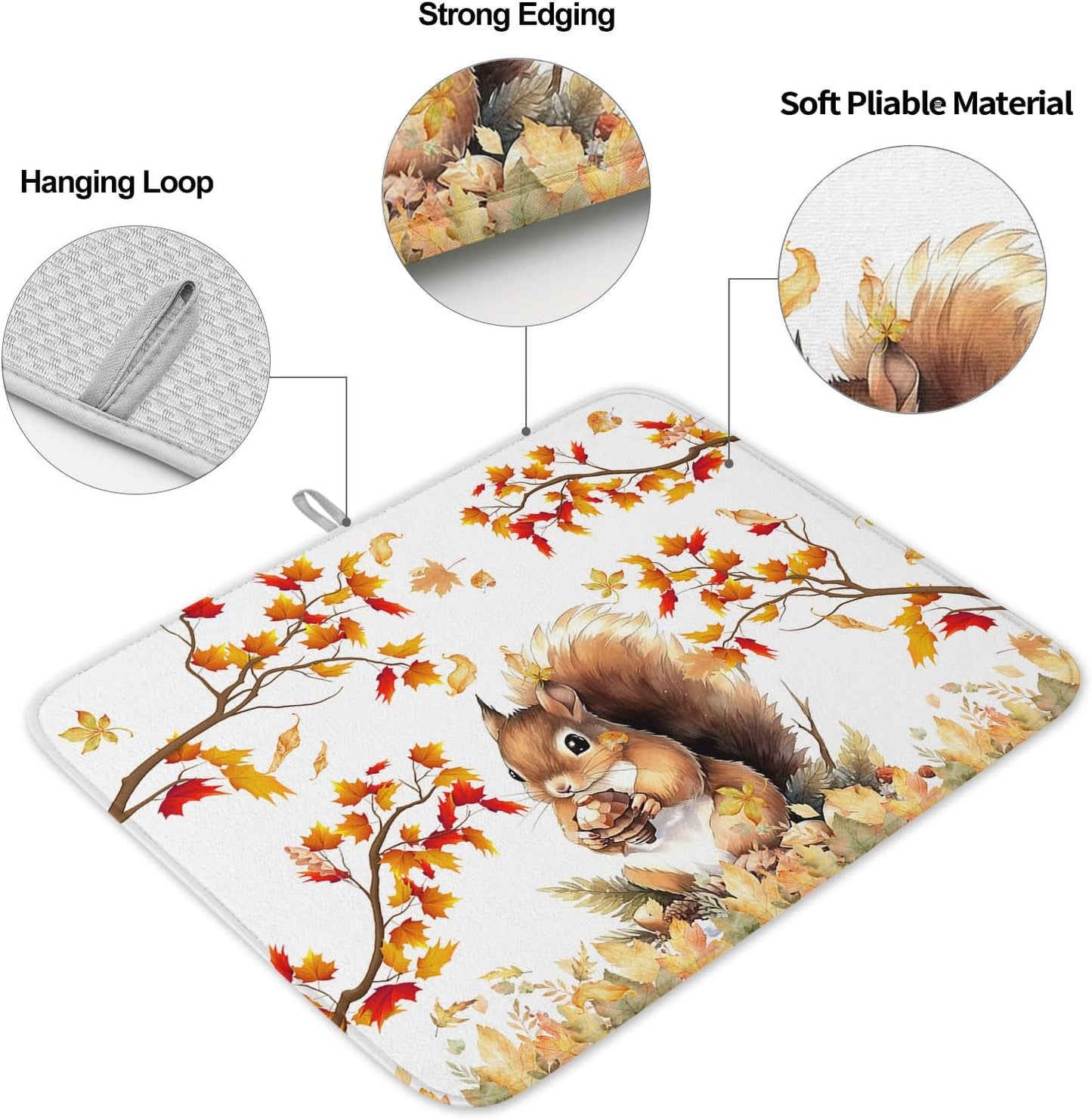Fall Dish Drying Mat for Kitchen Counter Squirrel Drying Pad Absorbent Drying Mats for Countertops Sinks Draining Racks Pine Cone Autumn Maple Leaves Drainer Holiday Harvest Thanksgiving Decor 16x18