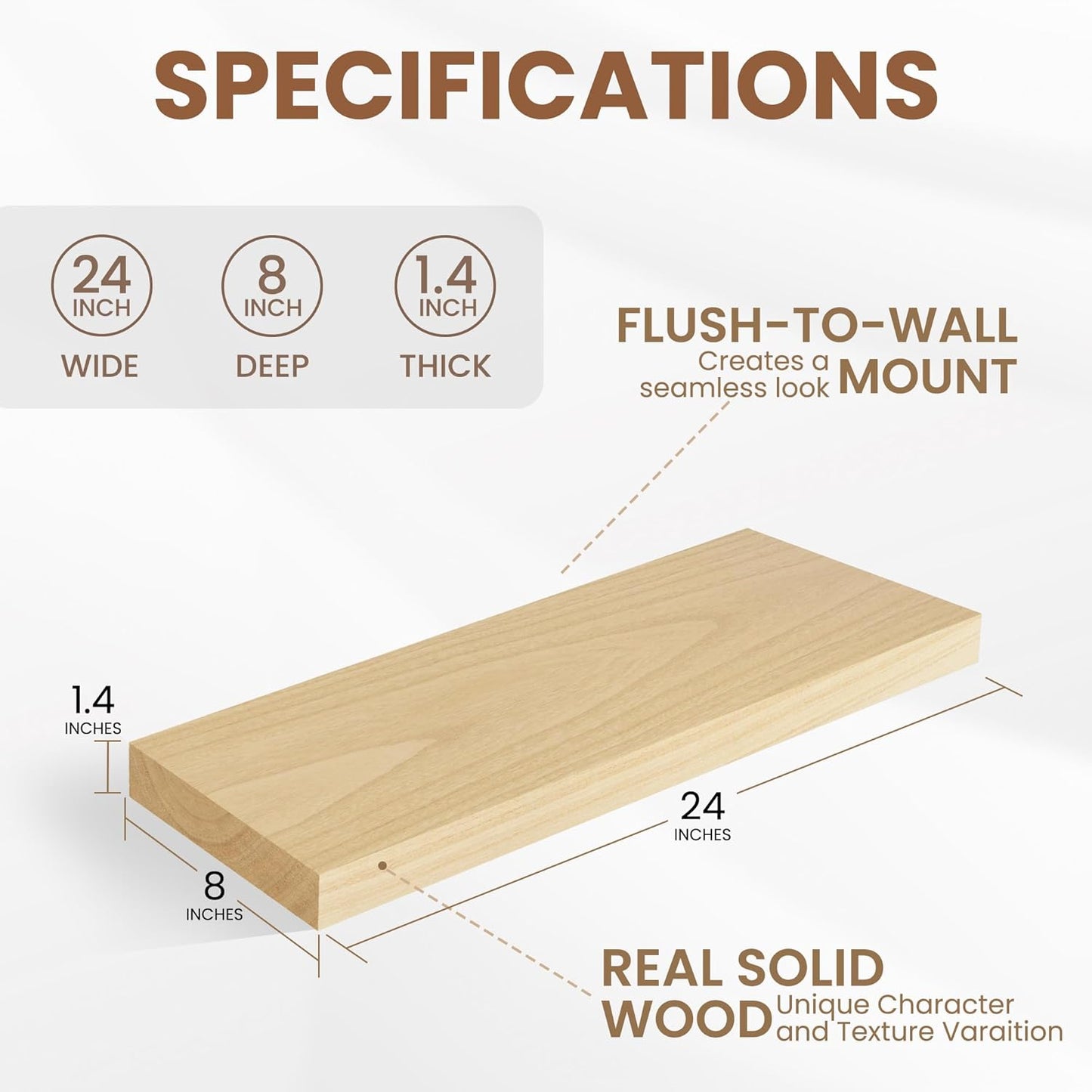 Fun Memories Rustic Floating Shelves for Home Decor, 8 Inch Deep Floating Shelf, Solid Wood Floating Wall Shelves 24 Inch Long, Deep Wall Shelves for Bathroom, Living Room, Natural Finsh, Set of 2