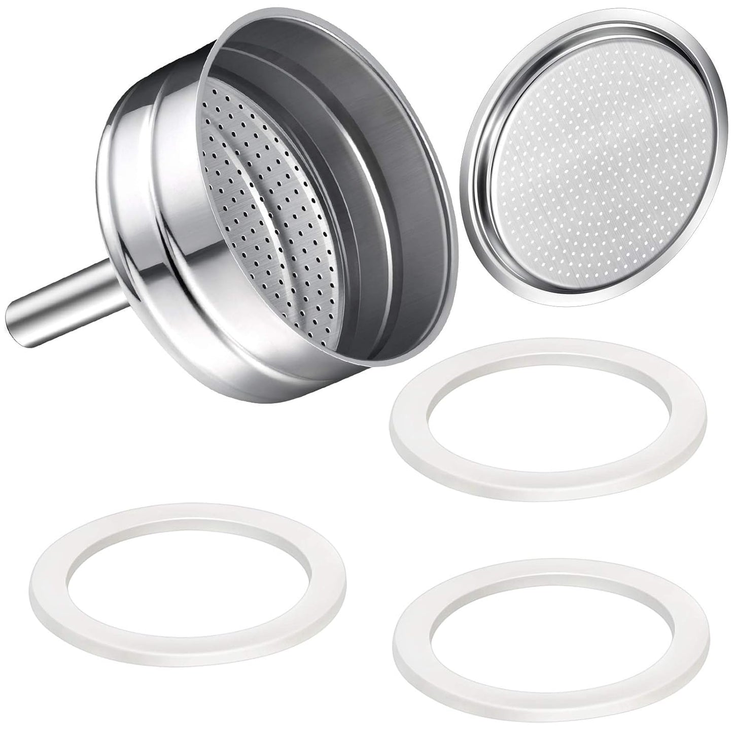 Moka Express Replacement Funnel Kit, 3 Packs Gasket Seals, 1 Stainless Steel Funnel with 1 Pack Stainless Filter (6-Cup)