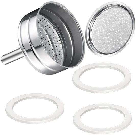 Moka Express Replacement Funnel Kit, 3 Packs Gasket Seals, 1 Stainless Steel Funnel with 1 Pack Stainless Filter (6-Cup)