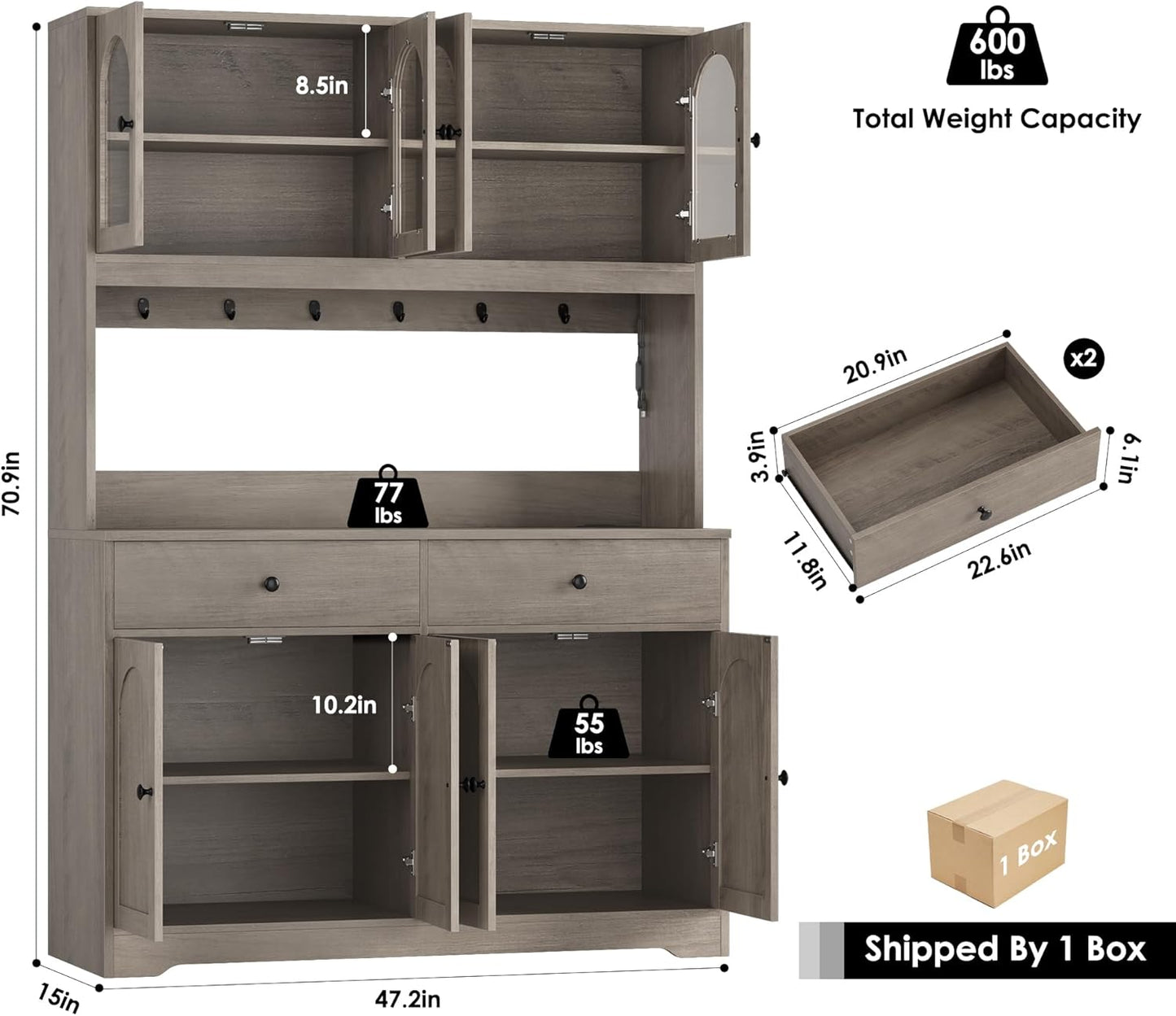 HIFIT 71" LED Kitchen Pantry Cabinet with Power Outlet, Large Kitchen Hutch Storage Cabinet with Arched Door, Shelves, 2 Drawer, Tall Farmhouse Coffee Bar w/Hutch for Home Dining Living Room, Ash Grey