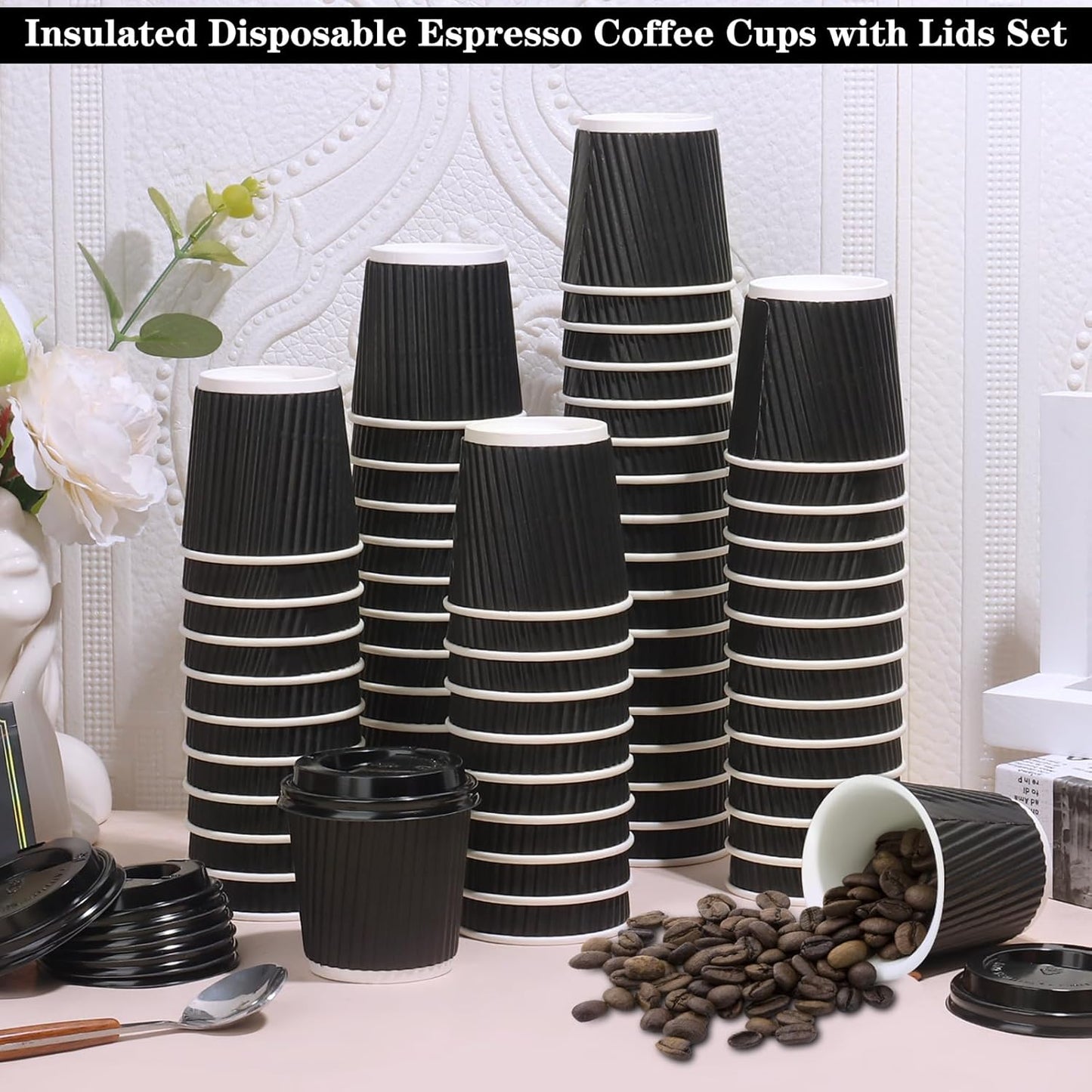 100 4oz Disposable Espresso Cups with Lids Ripple Corrugated Paper Disposable Coffee Cups Cups for Hot Chocolate, Tea, and Cocoa Drinks (Black)