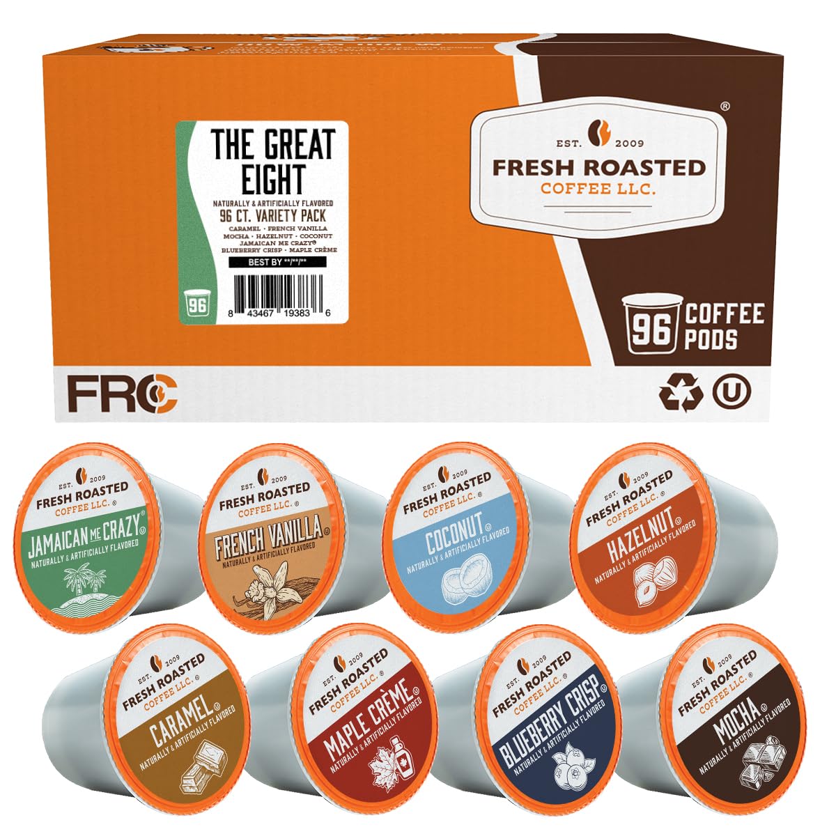 Fresh Roasted Coffee, The Great Eight, Flavored Coffee Pod Variety Pack, K-Cup Compatible, 96 Count