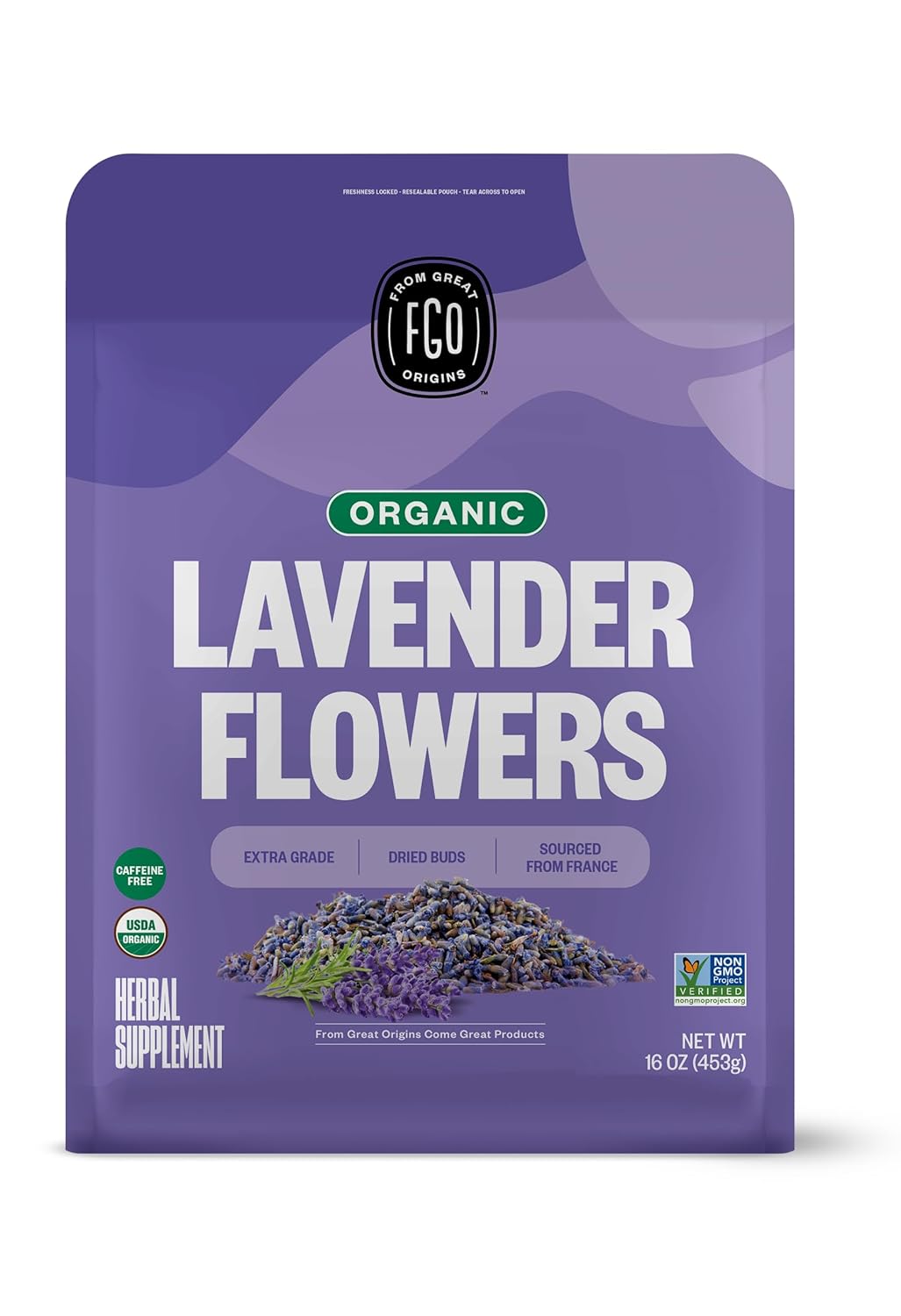 FGO Organic Dried Lavender Flowers, Extra Grade Dried Buds, Imported From France for Culinary or Sachet Bags, 16oz Bulk, Packaging May Vary (Pack of 1)