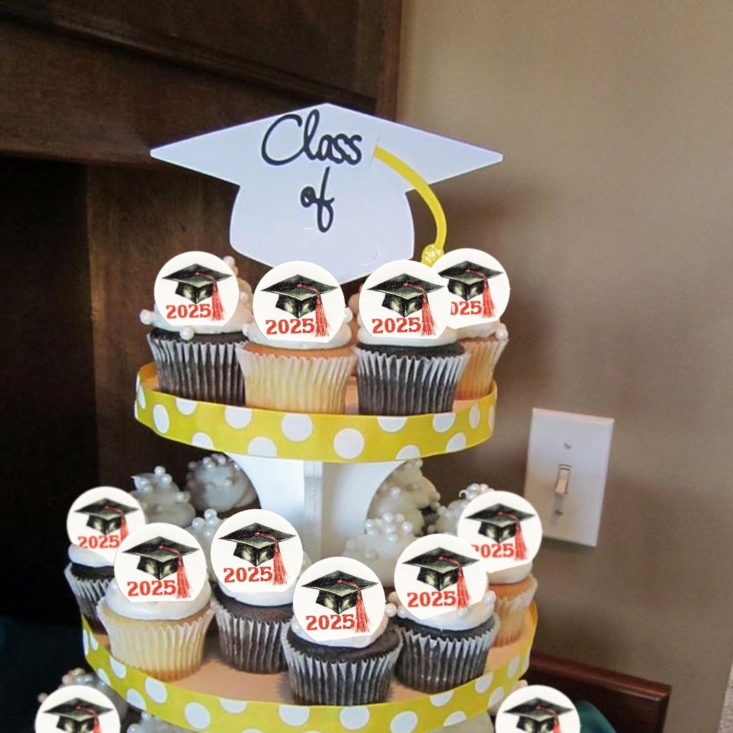 Gyufise 48Pcs Edible 2025 Graduation Cap Cupcake Toppers Wafer Paper Class of 2025 Grad Cap Cupcake Picks for 2025 Graduation Theme Party Cake Decorations Supplies Red