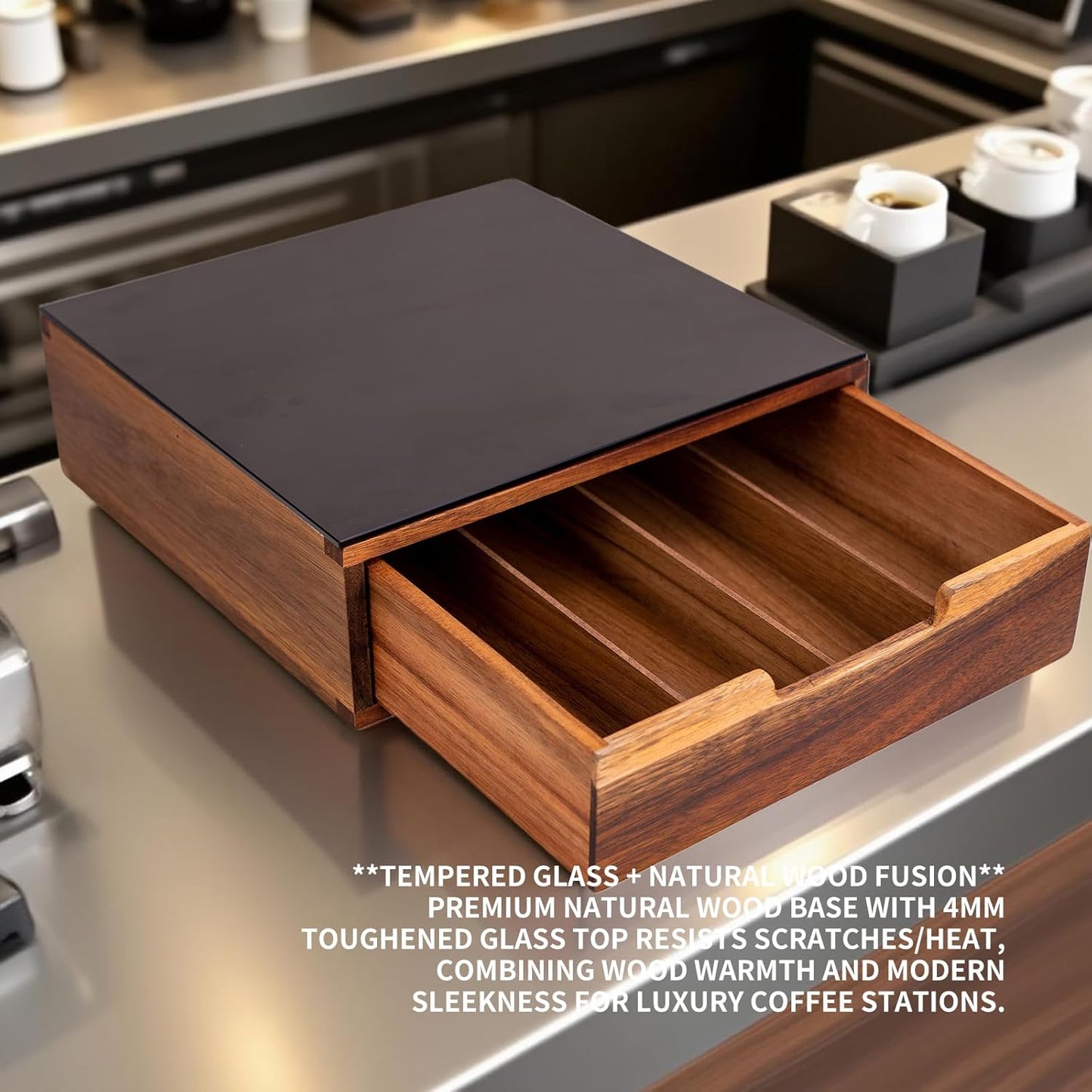 Tempered Glass and Natural Wood Coffee Pod Drawer Organizer - 20 Capsule Multifunctional K Cup Storage | Countertop Coffee Station Organizer for Home/Office (Black)