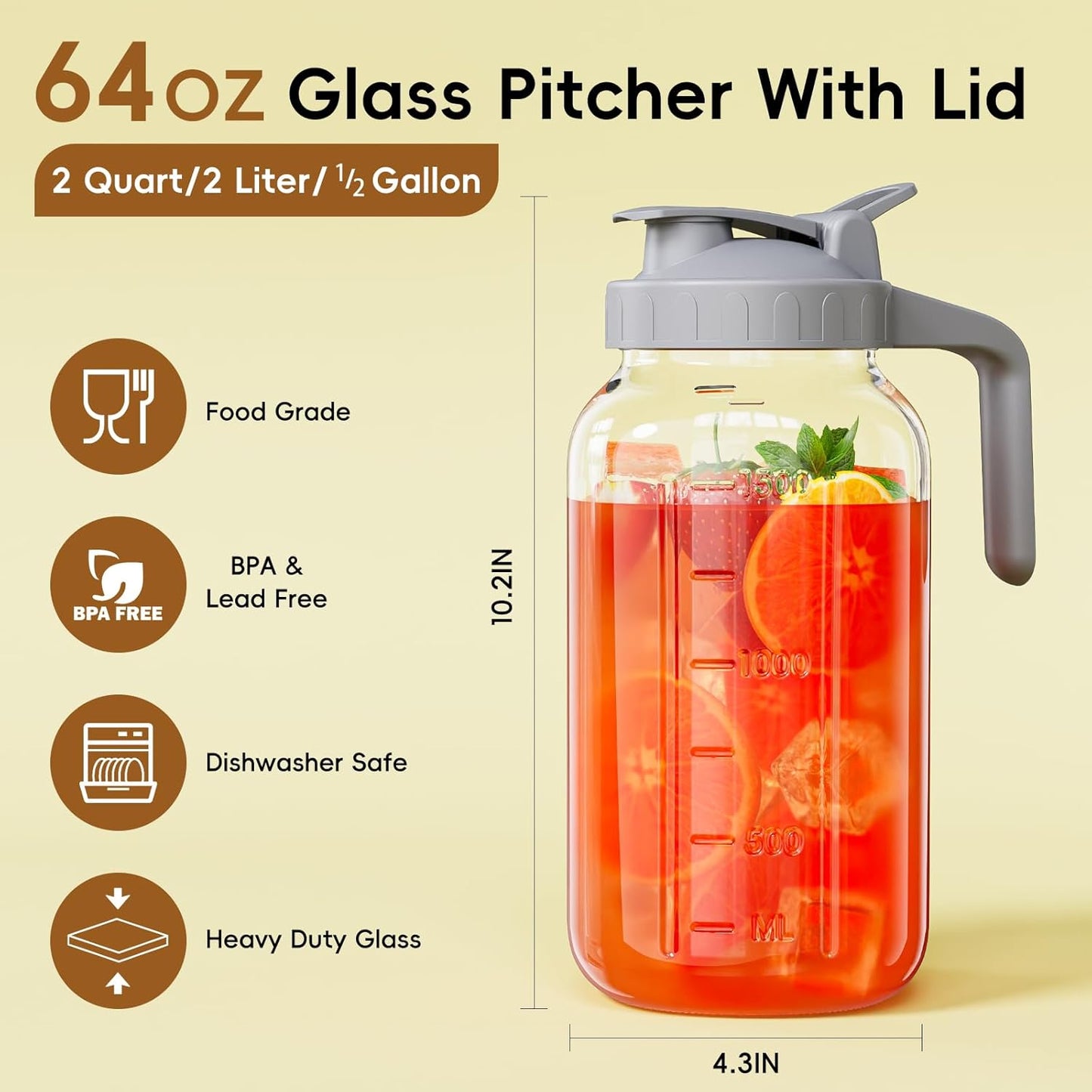 Glass Mason Jar Pitcher, 64 oz Wide Mouth Jug with Pour Spout Handle Lid for Cold Brew Coffee, Ice Beverage, Iced Juice, Lemonade, Sun Tea, Fruit Drinks Container