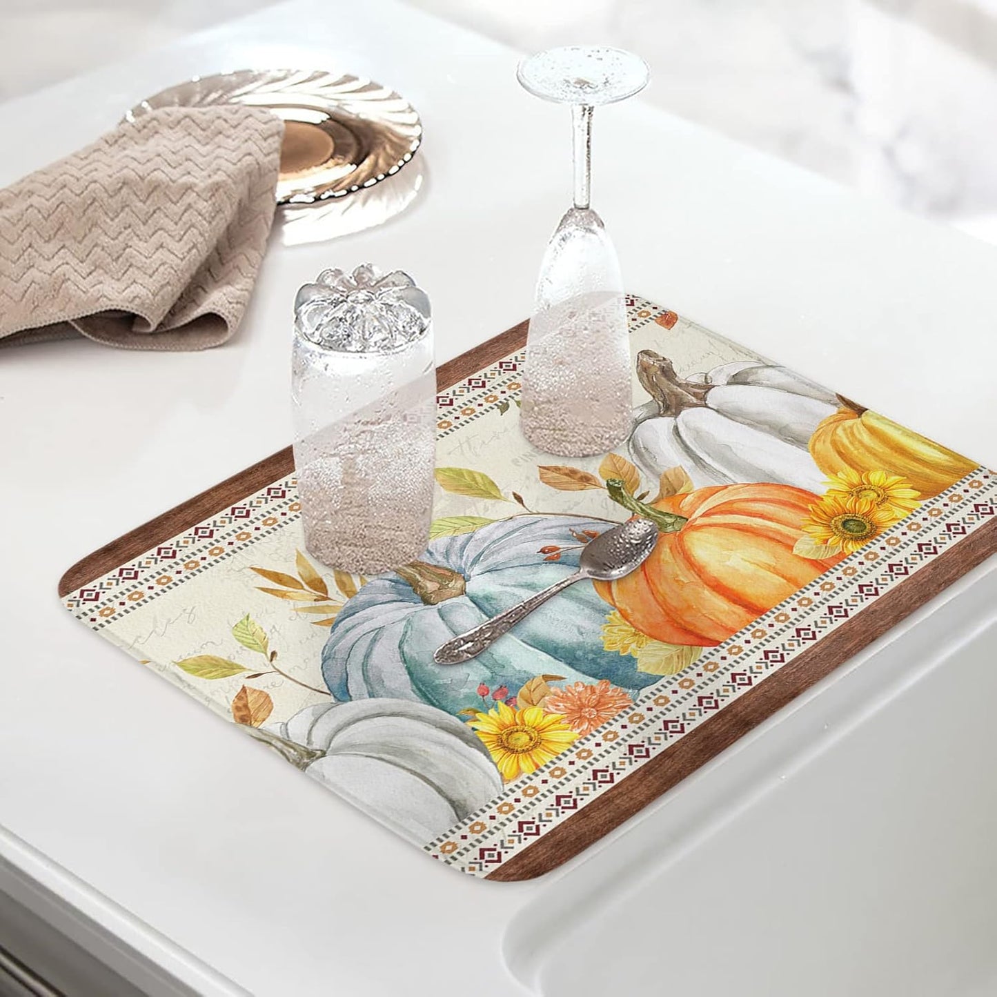 Fall Dish Drying Mat for Kitchen Counter Pumpkin Drying Pad Absorbent Drying Mats for Countertops Sinks Draining Racks Sunflower Eucalyptus Leaves Drainer Holiday Harvest Thanksgiving Decor 16x18