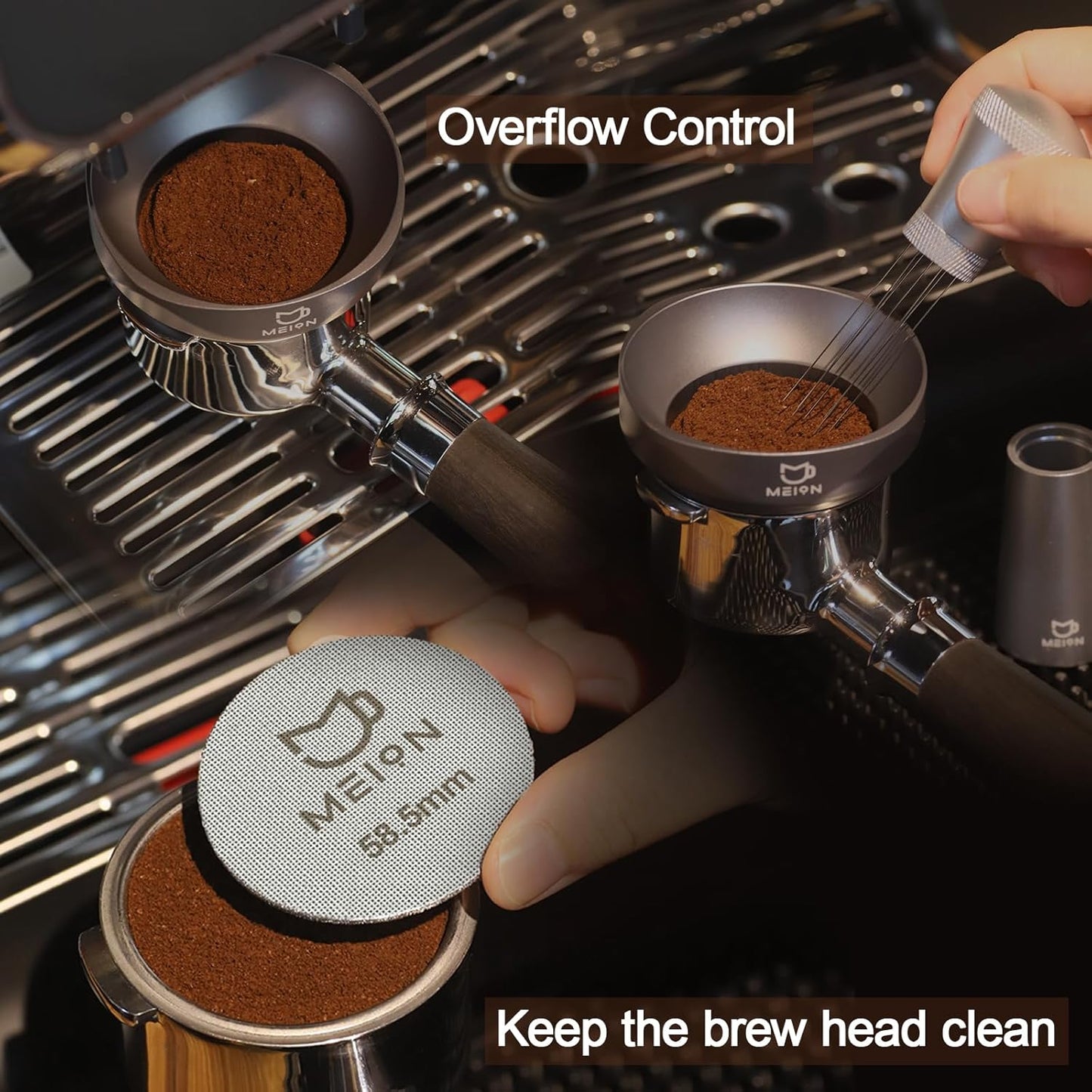 MEION 58mm Espresso Dosing Funnel and 58.5mm Puck Screen Set for 58mm Portafilters, Magnetic Coffee Portafilter Funnel, Reusable Espresso Puck Screen, Espresso Tools Accessories (Silver, 58mm)
