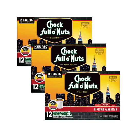 Chock Full o'Nuts Midtown Manhattan Coffee, Compatible with K-Cup Pods, 12 CT (Pack of 3)