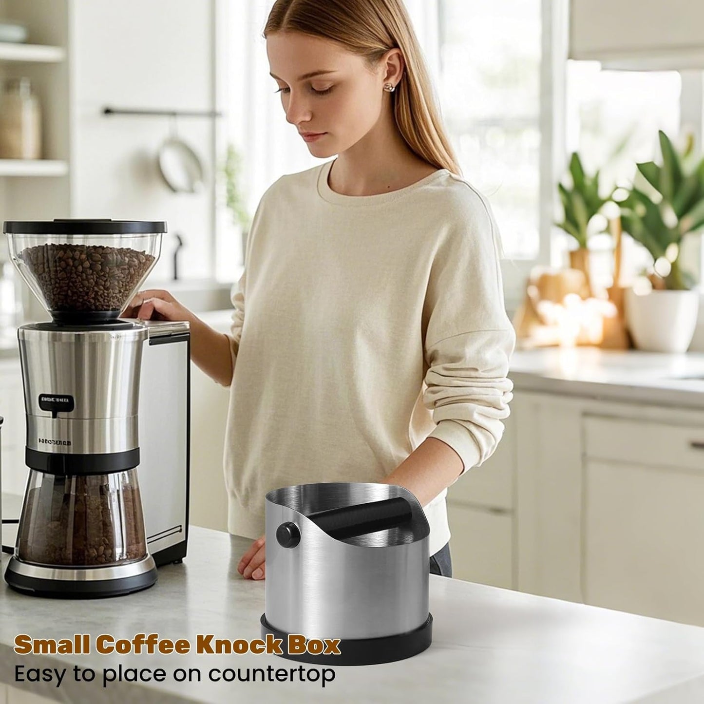 Coffee Grounds Knock Box, Small Stainless Steel Espresso Coffee Knock Box, Coffee Grind Knock Out Box with Removable Knock Bar and Coffee Brush, Coffee Grounds Container with Non-Slip Base
