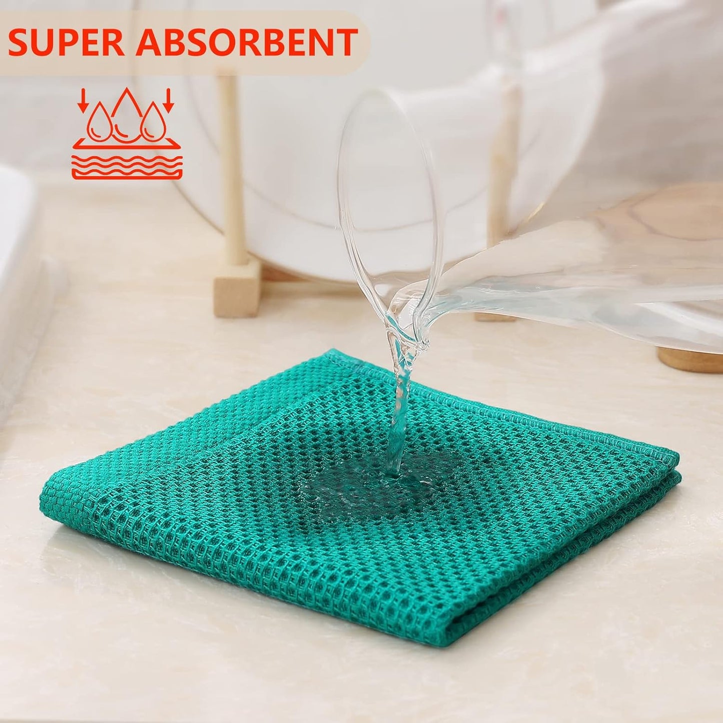 Kitinjoy 100% Cotton Kitchen Dish Cloths, 6 Pack Waffle Weave Ultra Soft Absorbent Dish Towels for Drying Dishes Quick Drying Kitchen Towels Dish Rags, 12 X 12 Inches, Teal