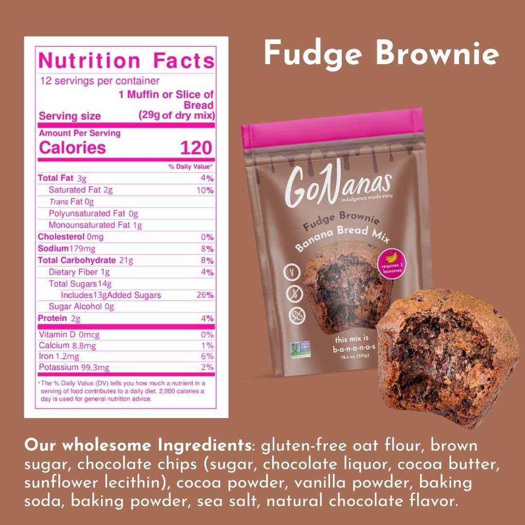 GoNanas Fudge Brownie Oat Flour Banana Bread Mix, Suitable for Plant Based Vegan Diets, Gluten Free Dairy Free Snacks, Healthy Snacks For Adults, Muffin Mix, Nut Free, Cupcakes Dessert, NON-GMO, 4pk
