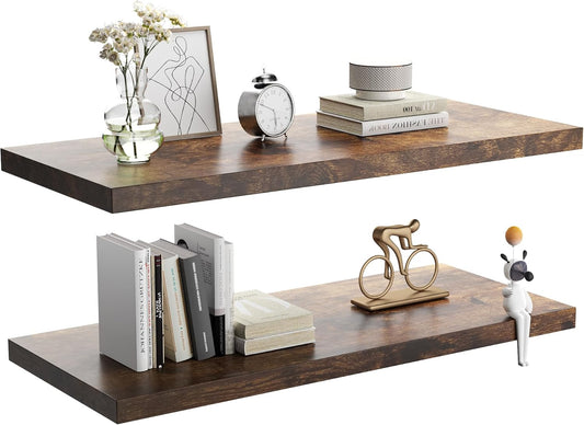 Wall Shelf Set of 2, Rustic Brown Floating Shelves 36 in W x 10 in D x 1 in H, Wooden Floating Wall Shelf with Invisible Brackets for Living Room/Bedroom/Bathroom/Kitchen Storage and Decor