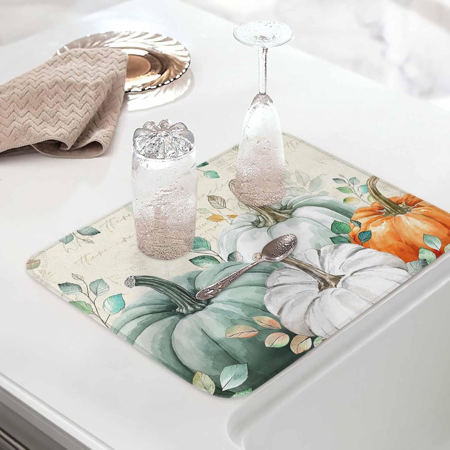 Fall Dish Drying Mat for Kitchen Counter Green Pumpkin Drying Pad Absorbent Drying Mats for Countertops Sinks Draining Racks Eucalyptus Leaves Drainer Holiday Harvest Thanksgiving Decorations 16x18