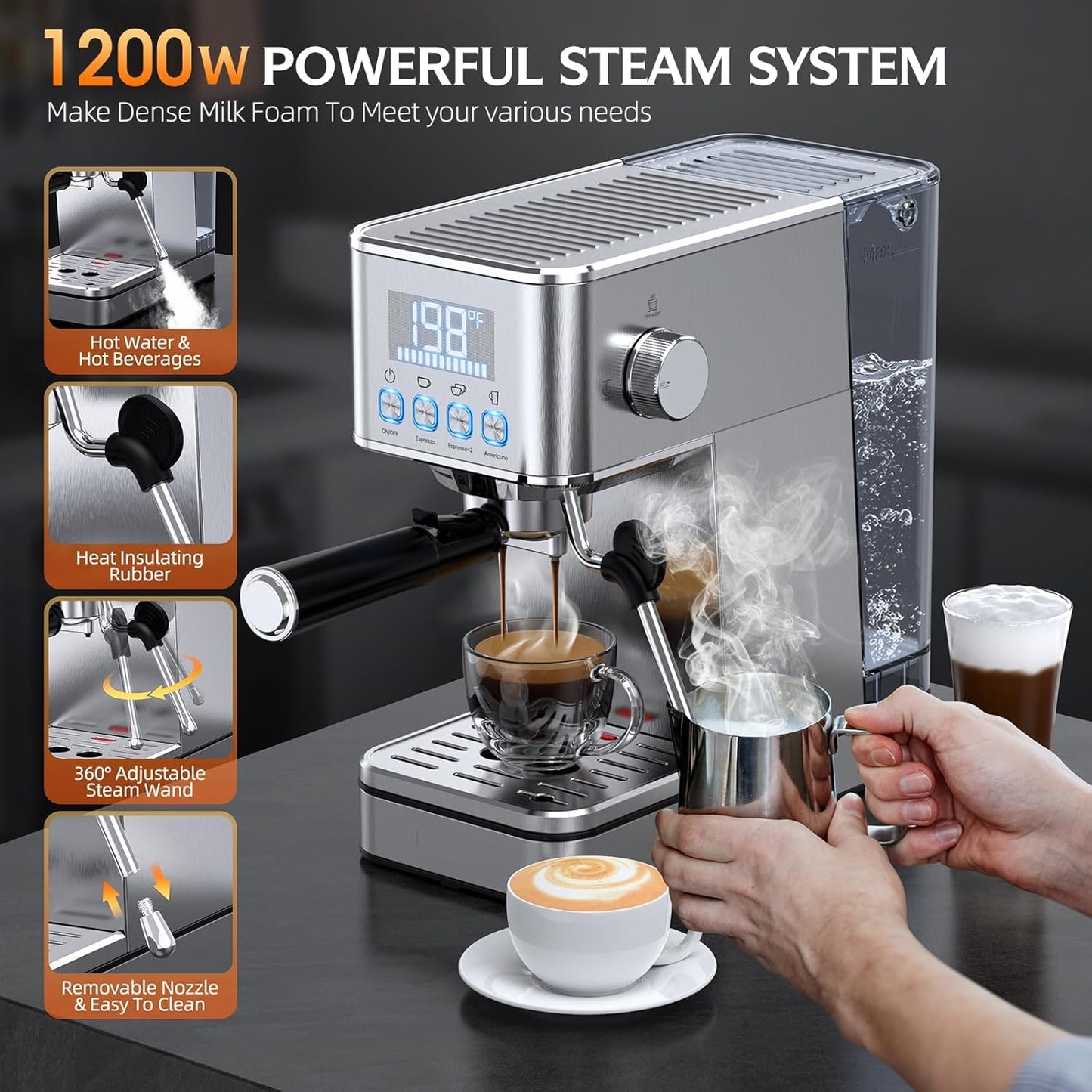 Espresso Machine, 20Bar Compact Stainless Espresso Maker, With Milk Frother Steam Wand, 57.5OZ Removable Water Tank, Displays Making Time & Water Temperature, Cold Brew & Cappuccino, Silver