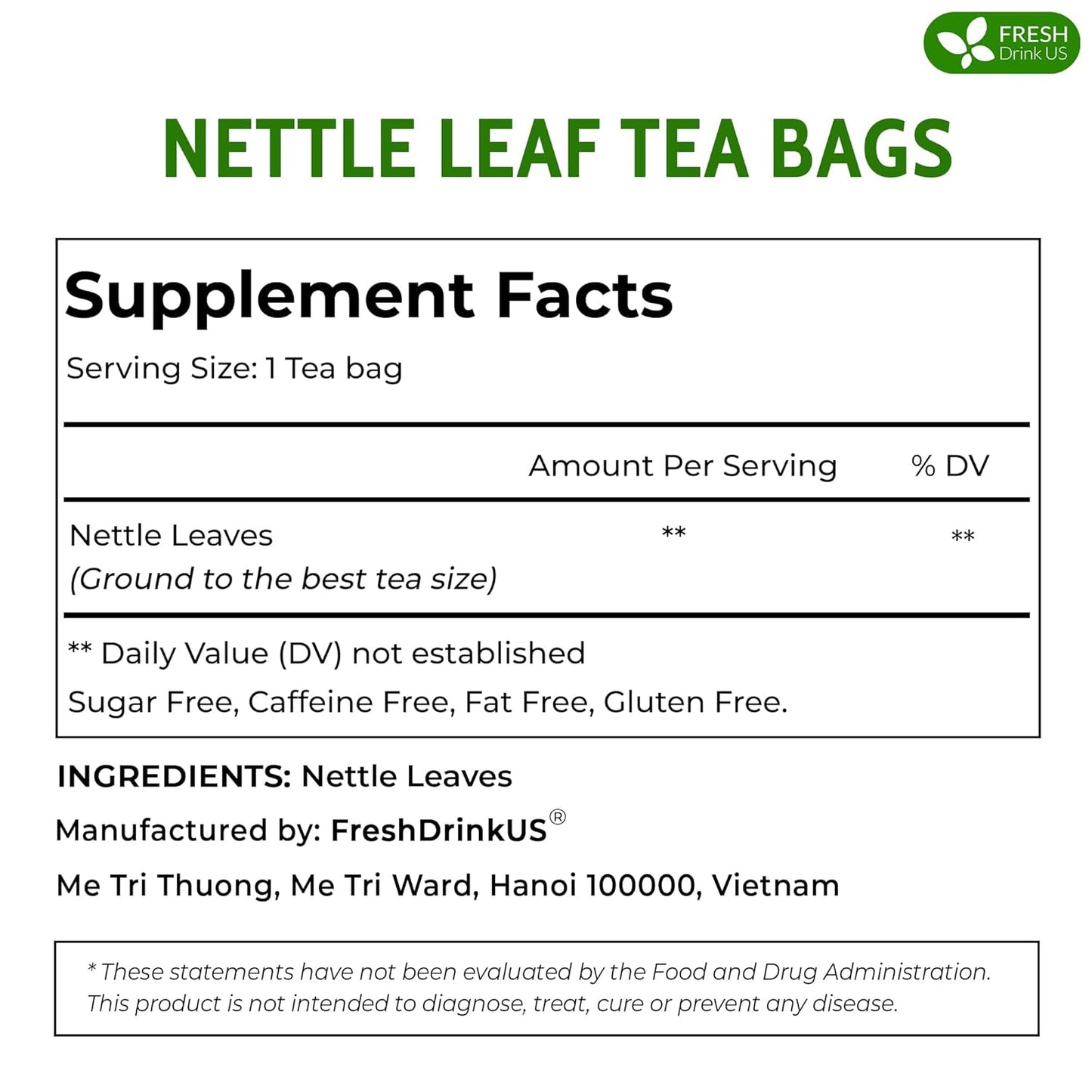 FreshDrinkUS, 55 Nettle Leaf Tea Bags, 100% Natural & Pure from Nettle Leaves. Loose Leaf Nettle Herbal Tea. Nettle Leaf Tea. No Sugar, No Caffeine, No Gluten, Vegan.
