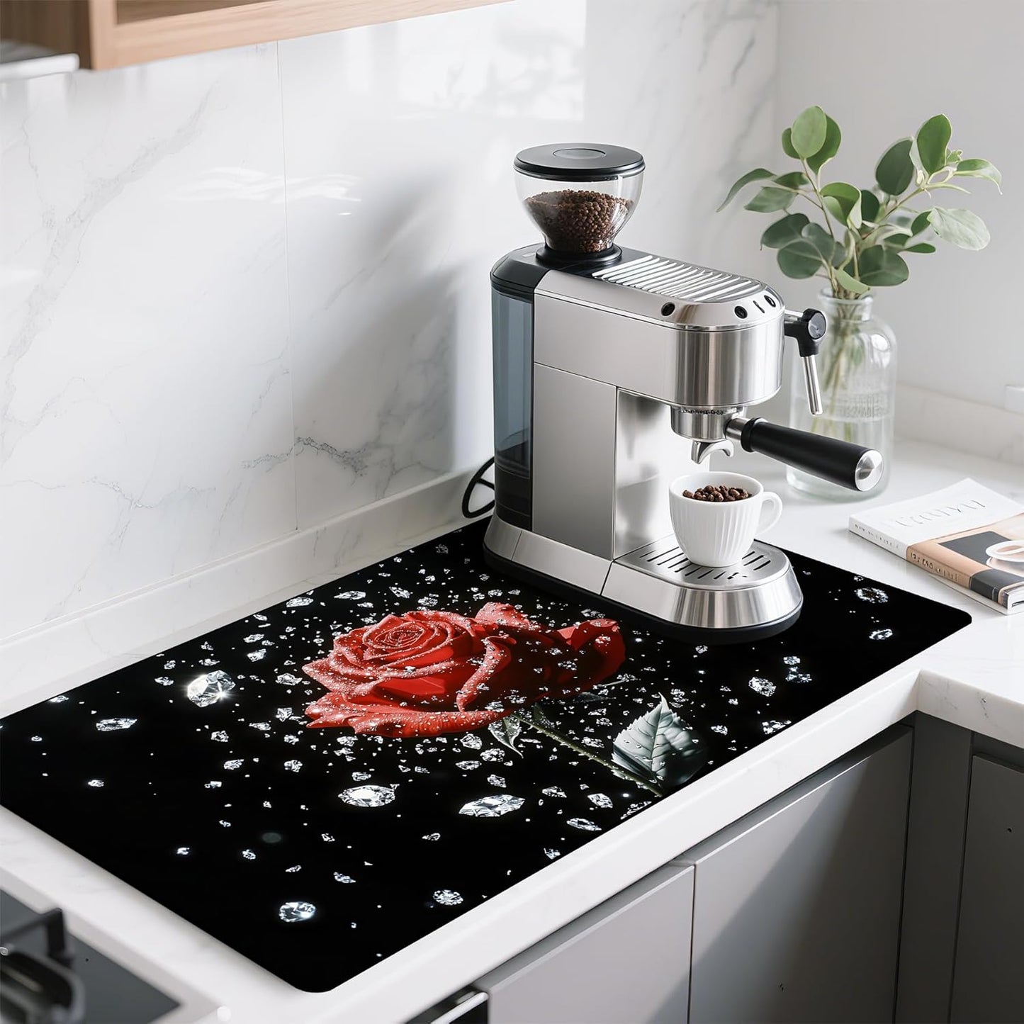 17"x 32" Coffee Bar Mat, Red Rose Absorbent Dish Drying Mat Cuttable Hide Stain Draining Table Pad for Kitchen Counter, Coffee Bar Accessories