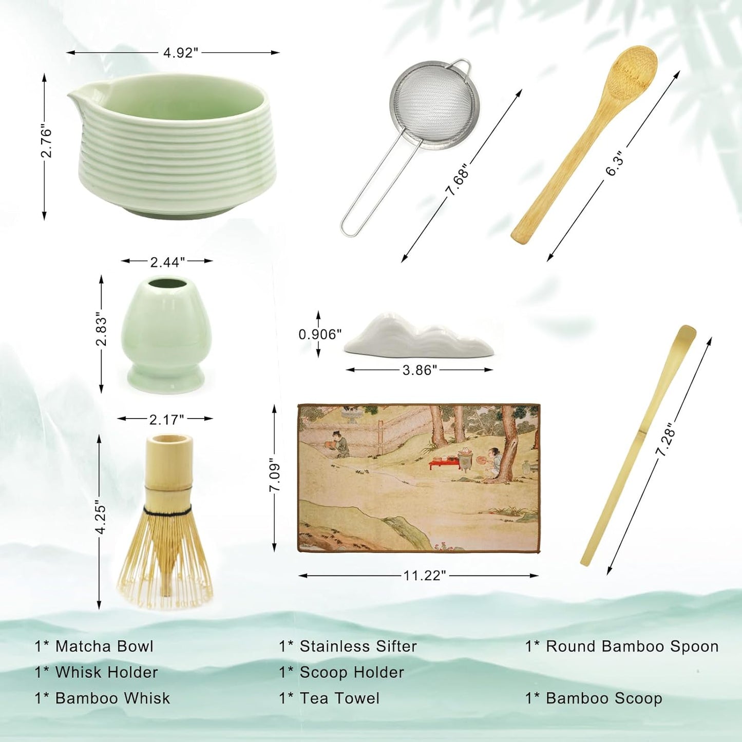 Matcha Whisk Set, Matcha Bowl with Spout, Tea Brush Stand, Stainless Steel Sifter, Matcha Whisk Holder - 8 Pcs Green Matcha Kit Set for Matcha Lover Ideal Holiday Gift, Tea Making Tools