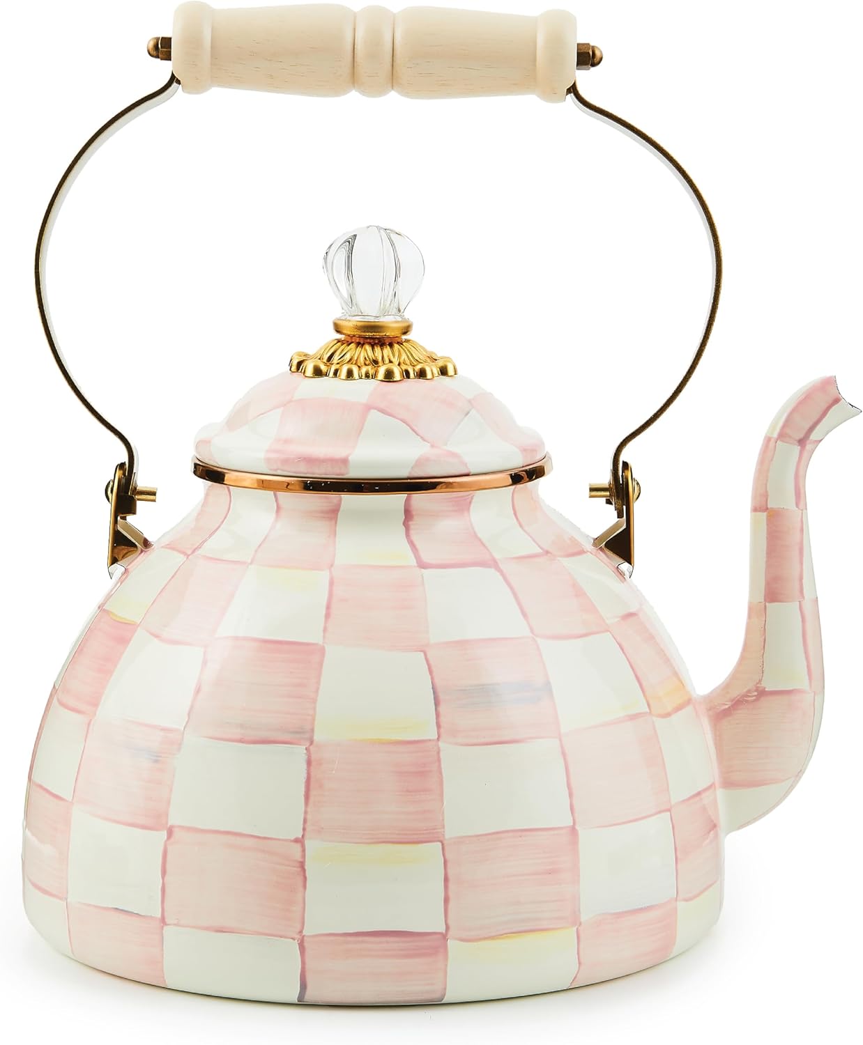 MACKENZIE-CHILDS Enamel Tea Kettle, Stylish Tea Kettle for Stovetop, Pink-and-White Rosy Check, 3 Quarts