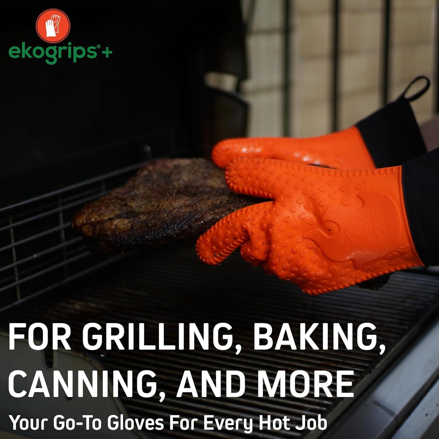 Ekogrips Plus Oven Gloves with Fingers, Comfy Waterproof Silicone Oven Mitts Heat Resistant with Long Cuff, Insulated BBQ Gloves Perfect for Grilling, Baking, Smoker, Canning, and Pizza, Grey, OSFM