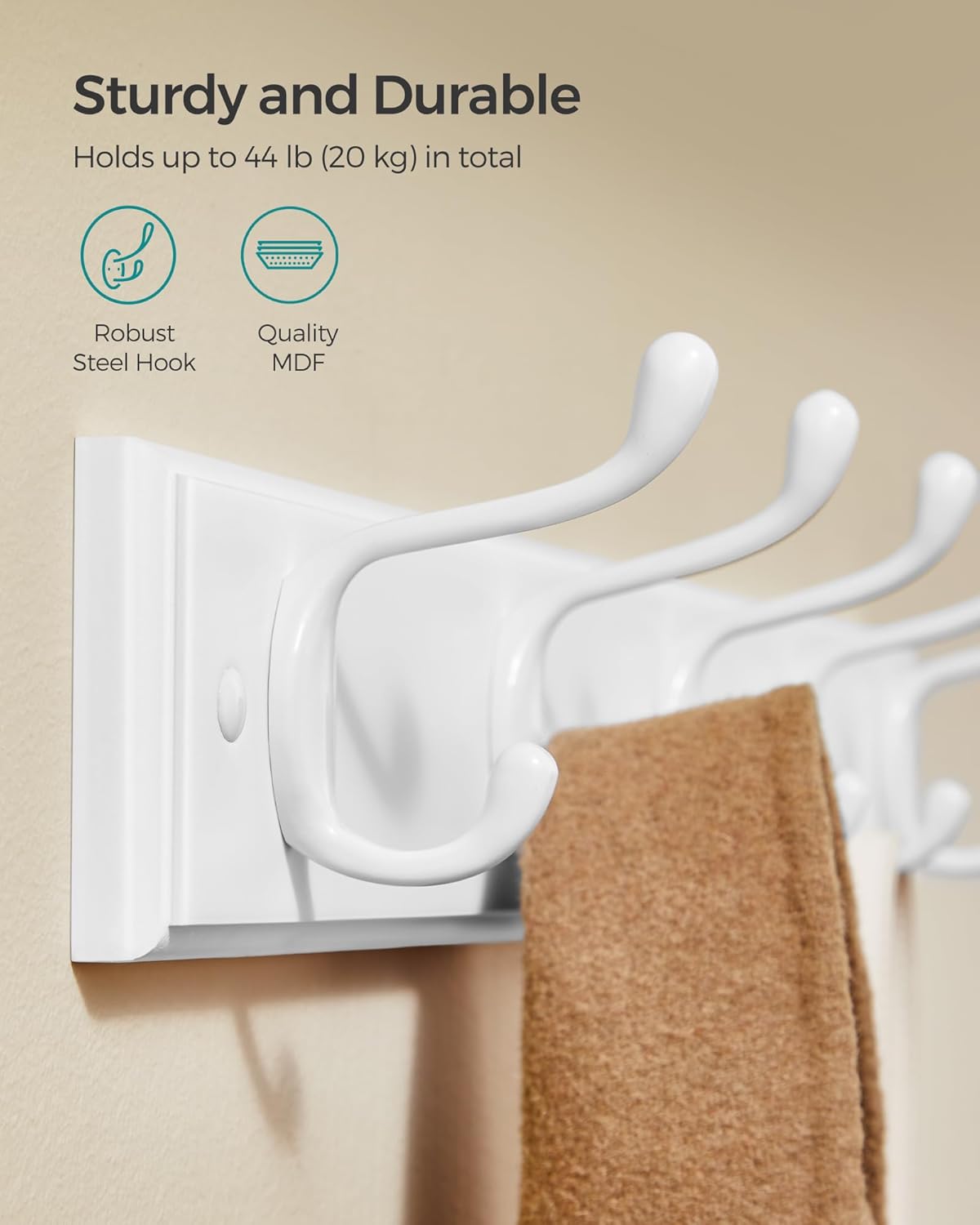 SONGMICS Wall-Mounted Coat Rack, Hook Rack, 5 Dual Metal Hooks, for Coats, Bags, Keys, in The Entryway, Bedroom, Living Room, White ULHR235W01