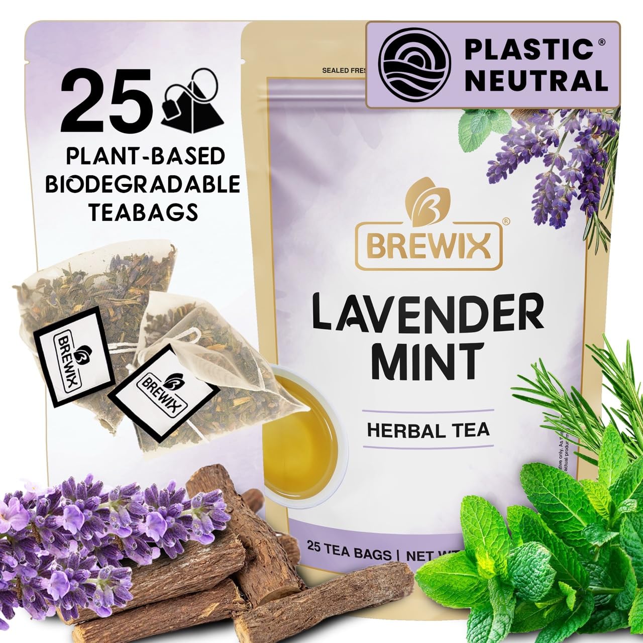 BREWIX, Lavender Mint (25 Pyramid Tea Bags) | Herbal, Caffeine Free, Lavender with Peppermint and Rosemary